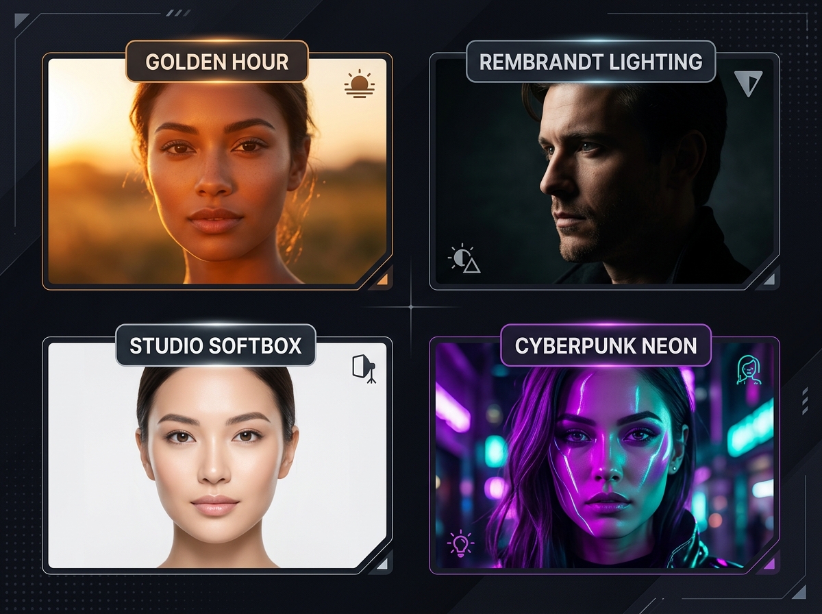 4 AI portrait lighting styles comparison: Golden Hour, Rembrandt, Studio Softbox, Cyberpunk Neon