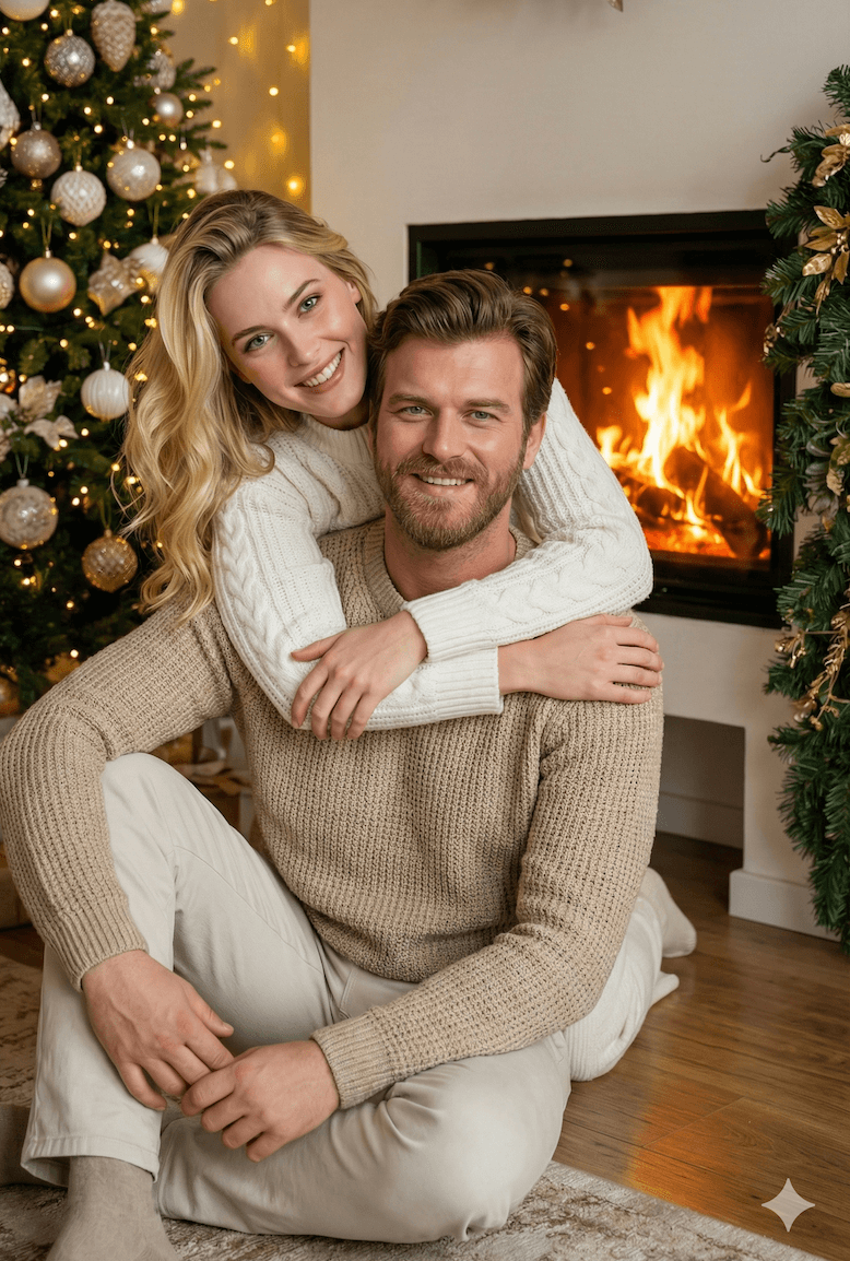 Cozy Christmas Fireplace Couple Portrait