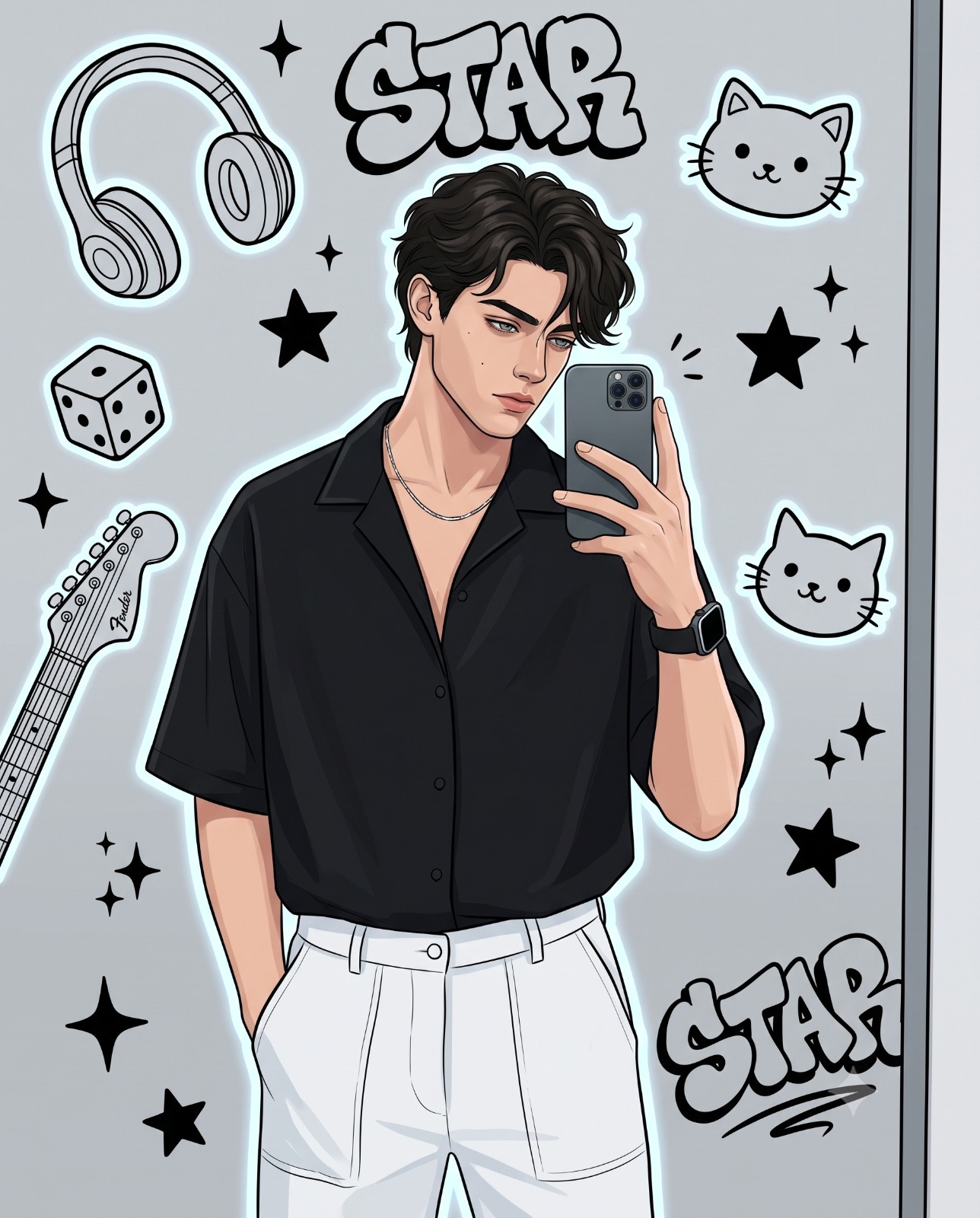 Casual Anime-style Selfie with Graffiti Portrait