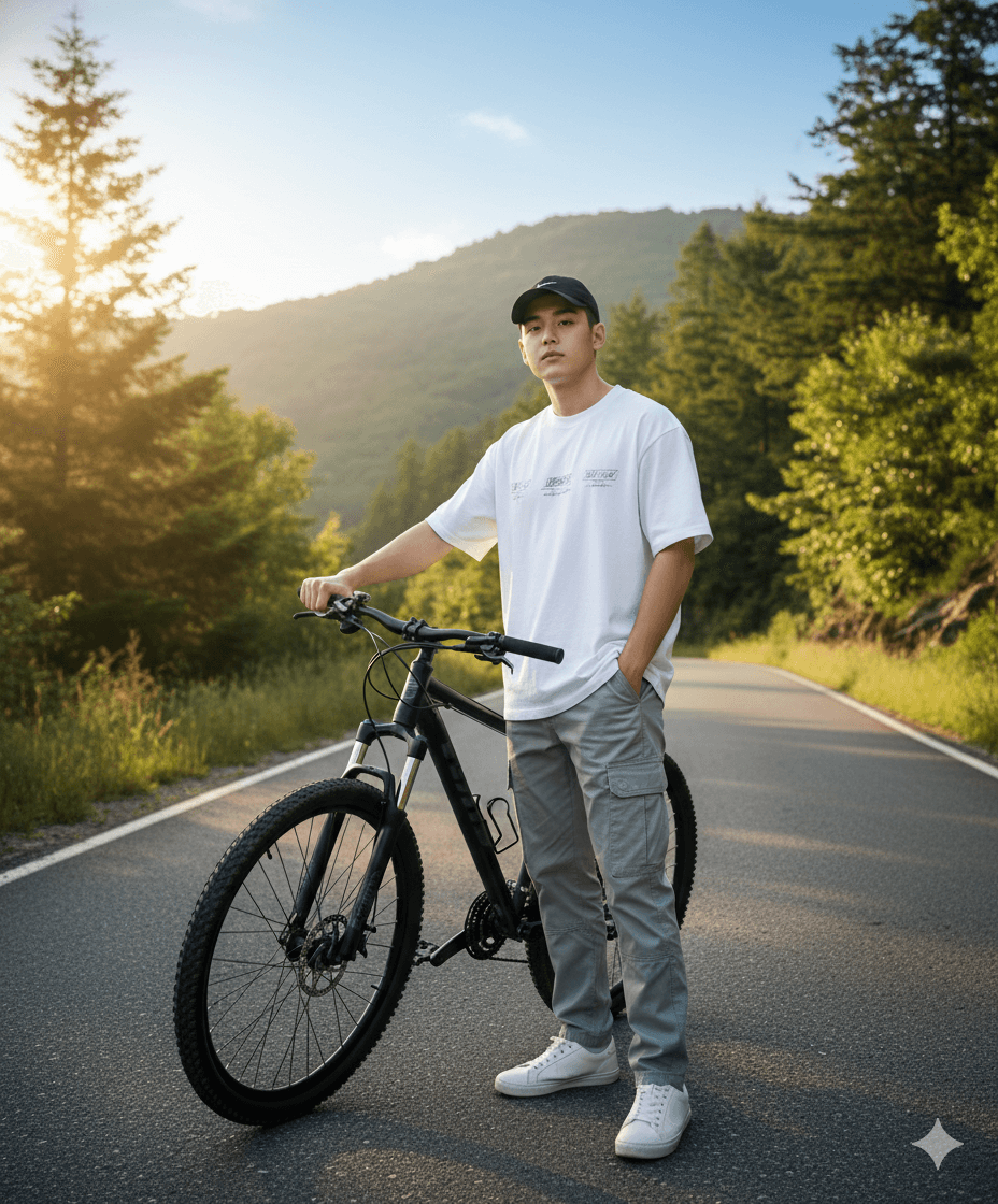 Young Biker on Winding Mountain Road Portrait