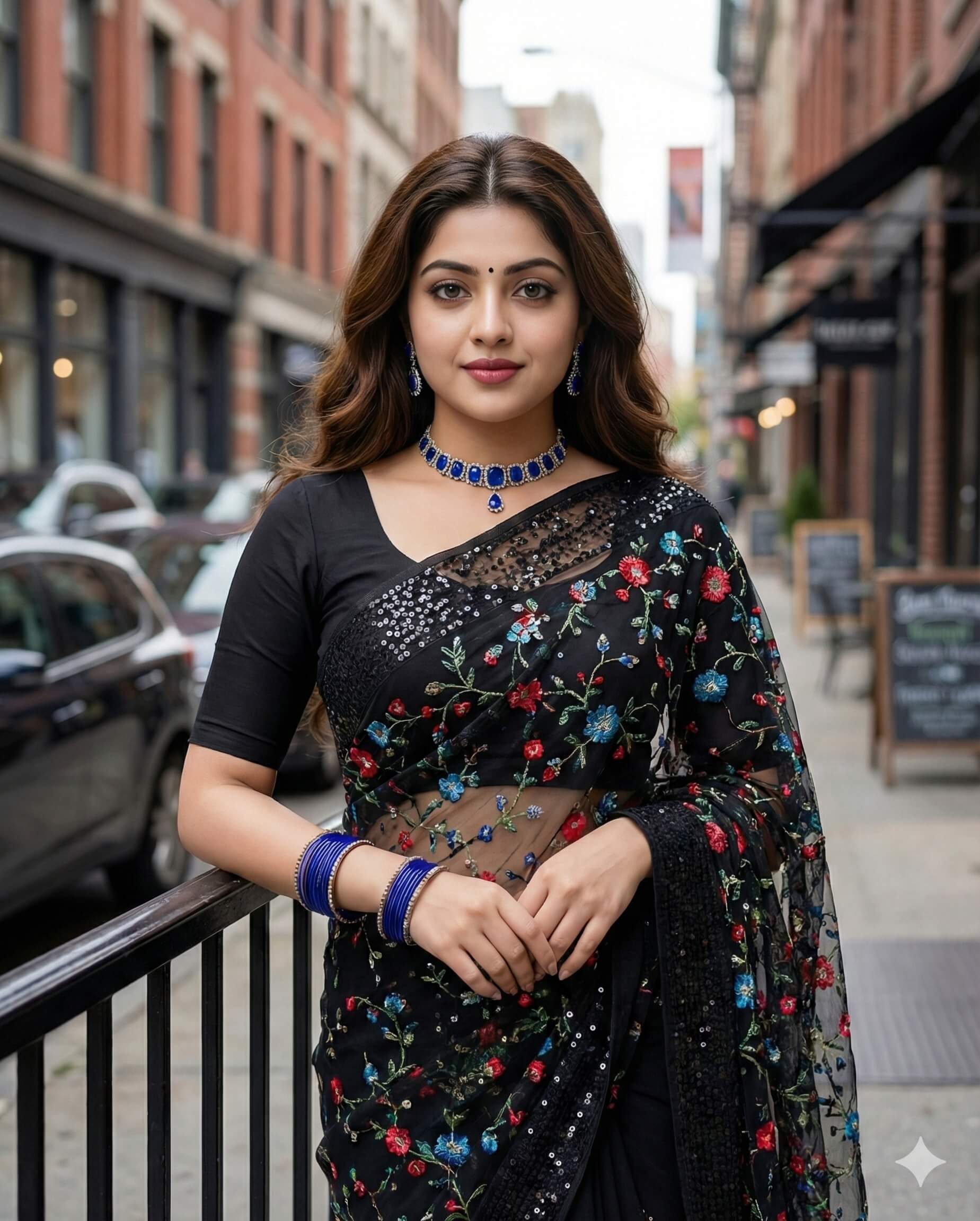 Black Saree with Floral Embroidery Portrait
