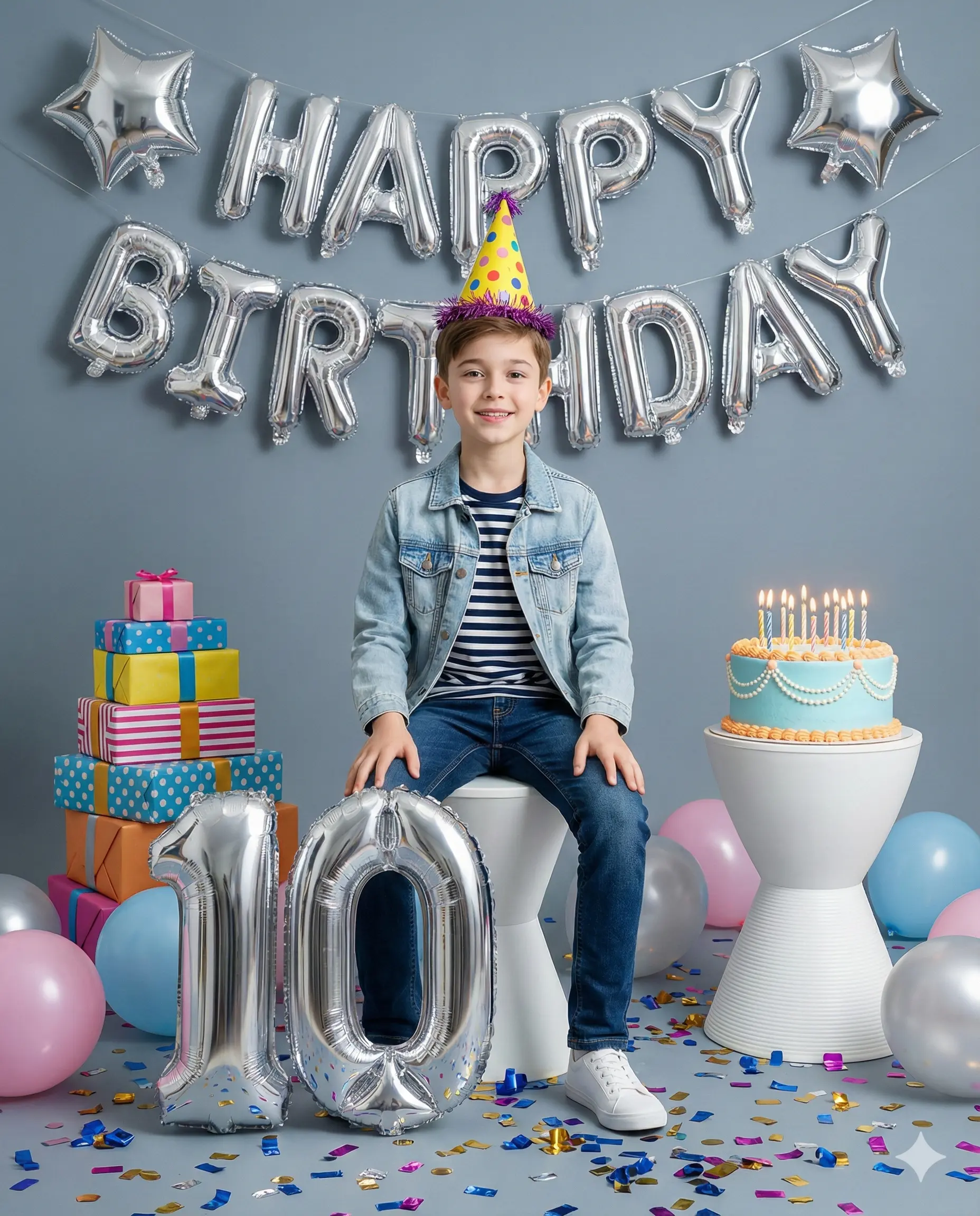 10th Birthday Boy Silver Balloon Celebration Portrait