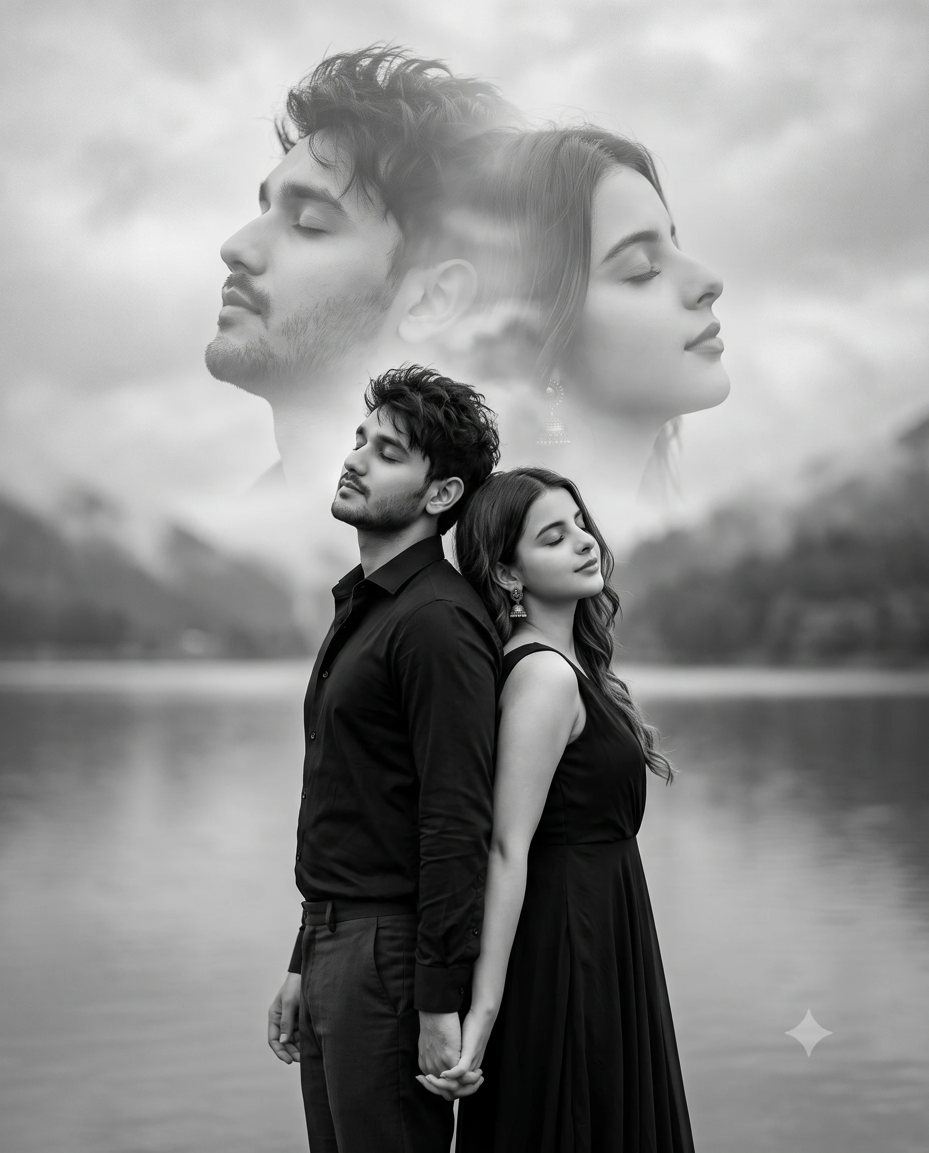 Black and White Double Exposure Couple Lake Portrait