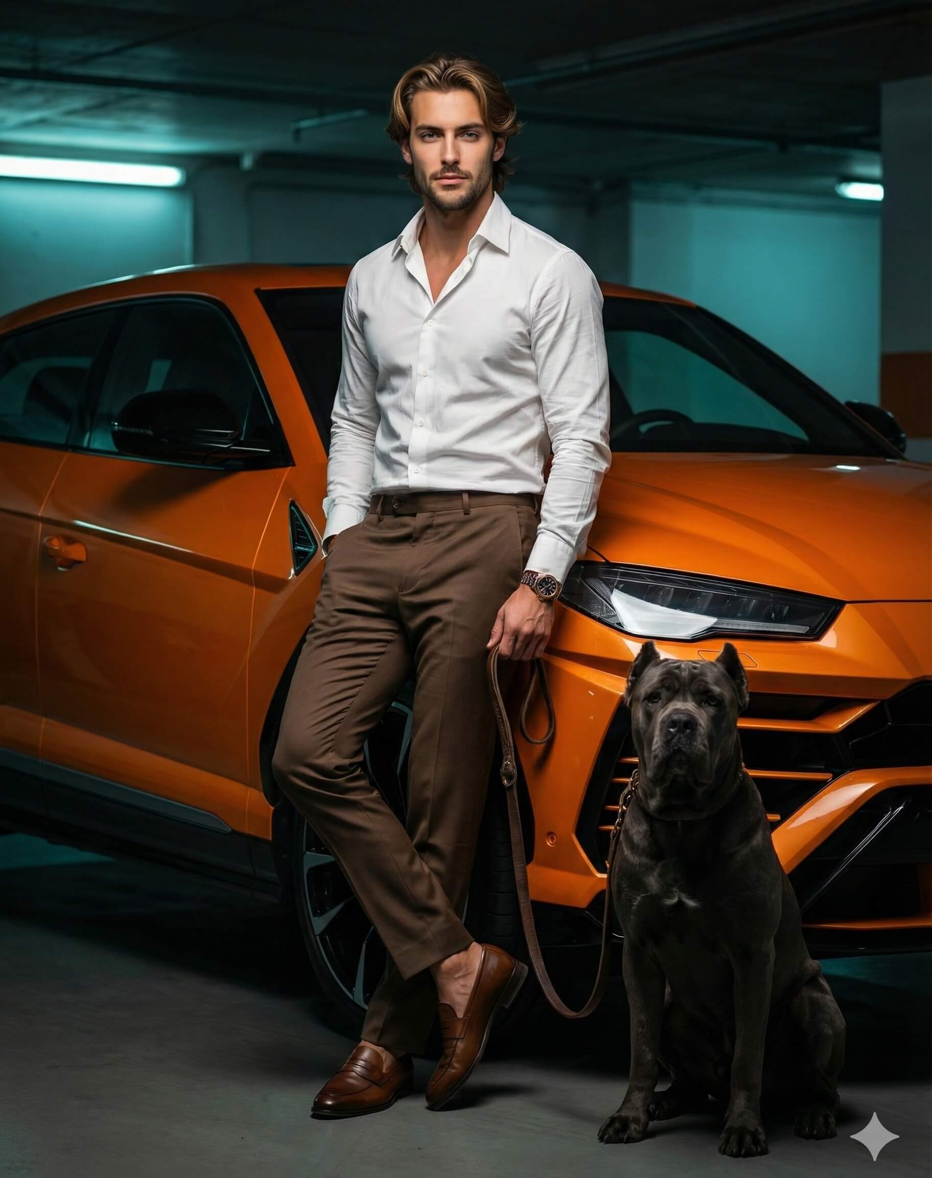 Cane Corso Dog with Luxury Car Cinematic Portrait