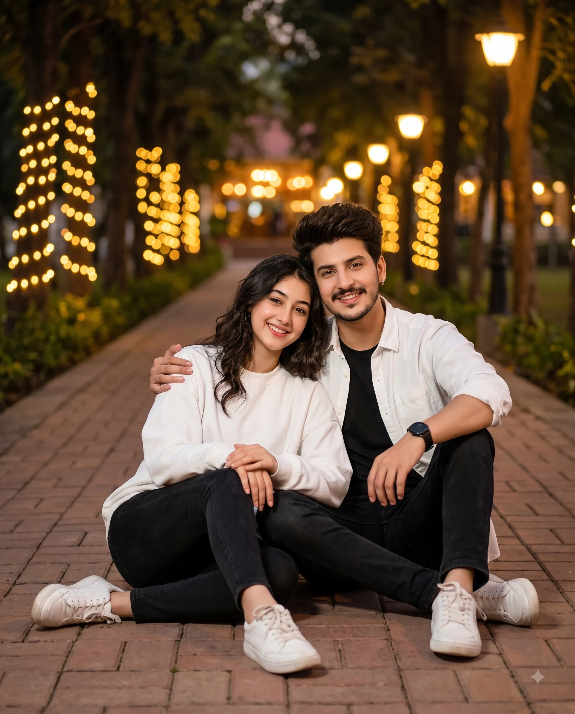 Night Bokeh String Lights Couple Sitting Portrait