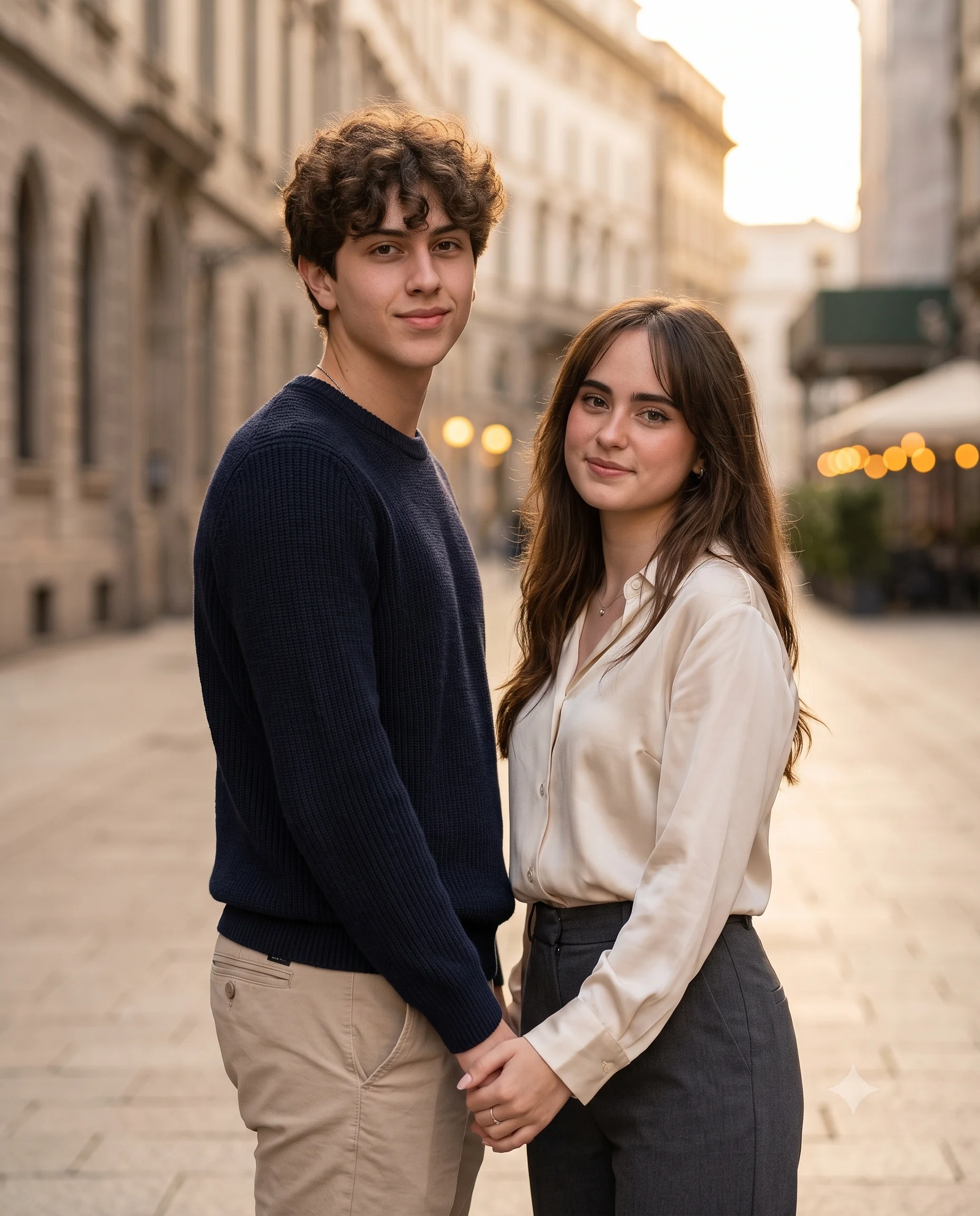 Coordinated Couple Golden Hour City Lifestyle Portrait