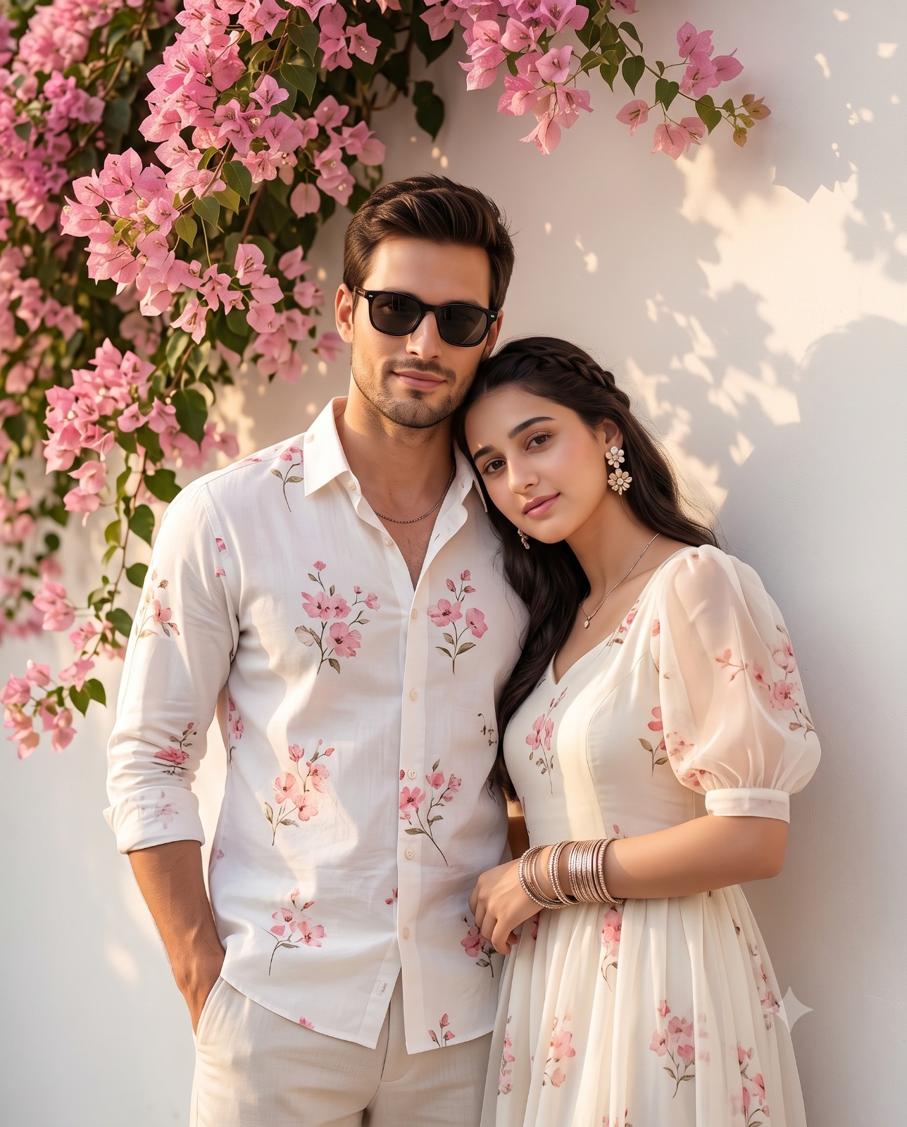Bougainvillea Wall Matching White Floral Couple Portrait