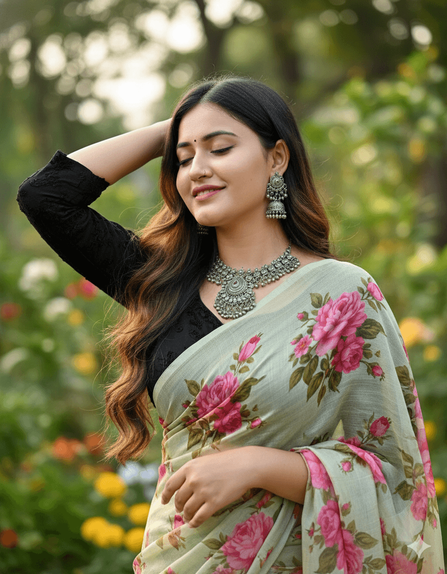 Serene Floral Saree Outdoor Cinematic Portrait