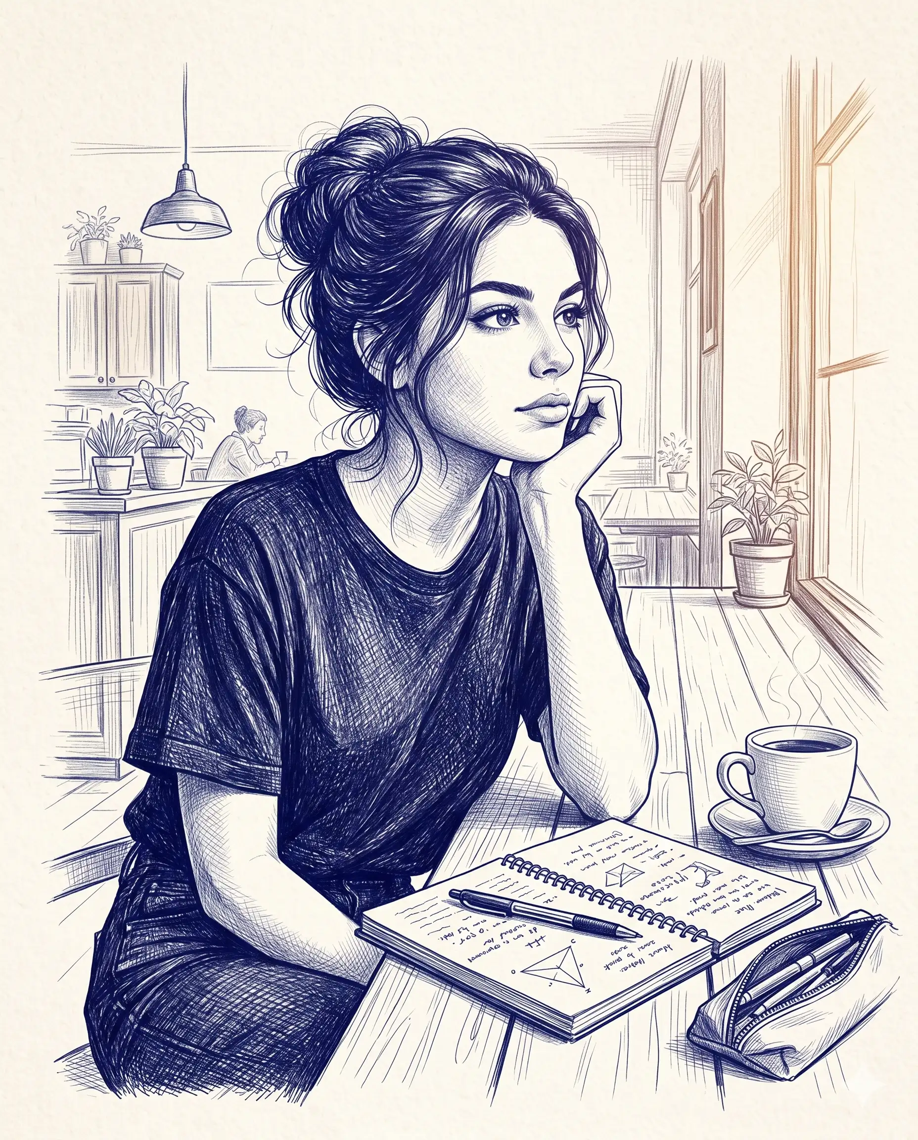 Café Window Girl Blue Pen Sketch Aesthetic Art