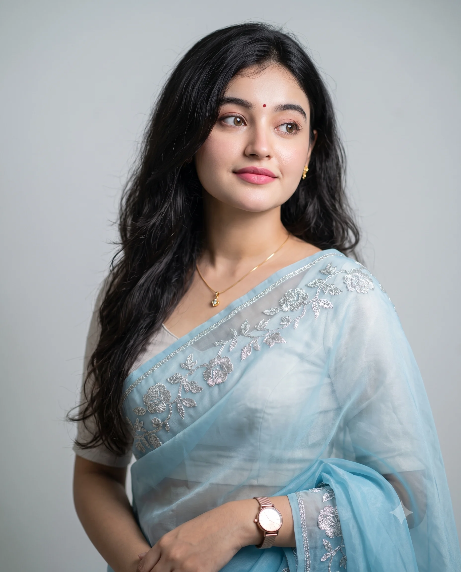 Elegant Girl in Blue Silk Saree Beauty Portrait