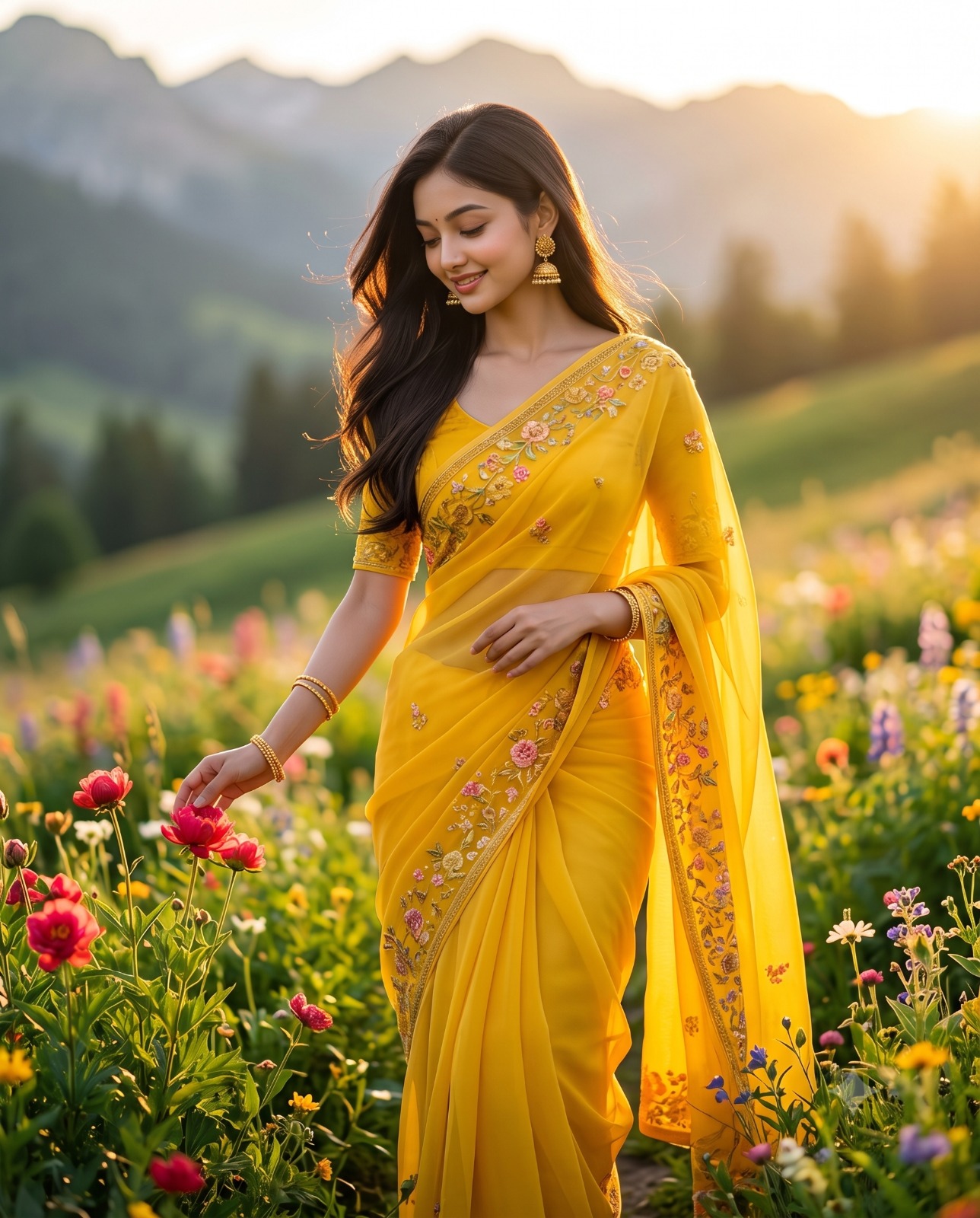 Yellow Saree Wildflower Meadow Cinematic Beauty Portrait
