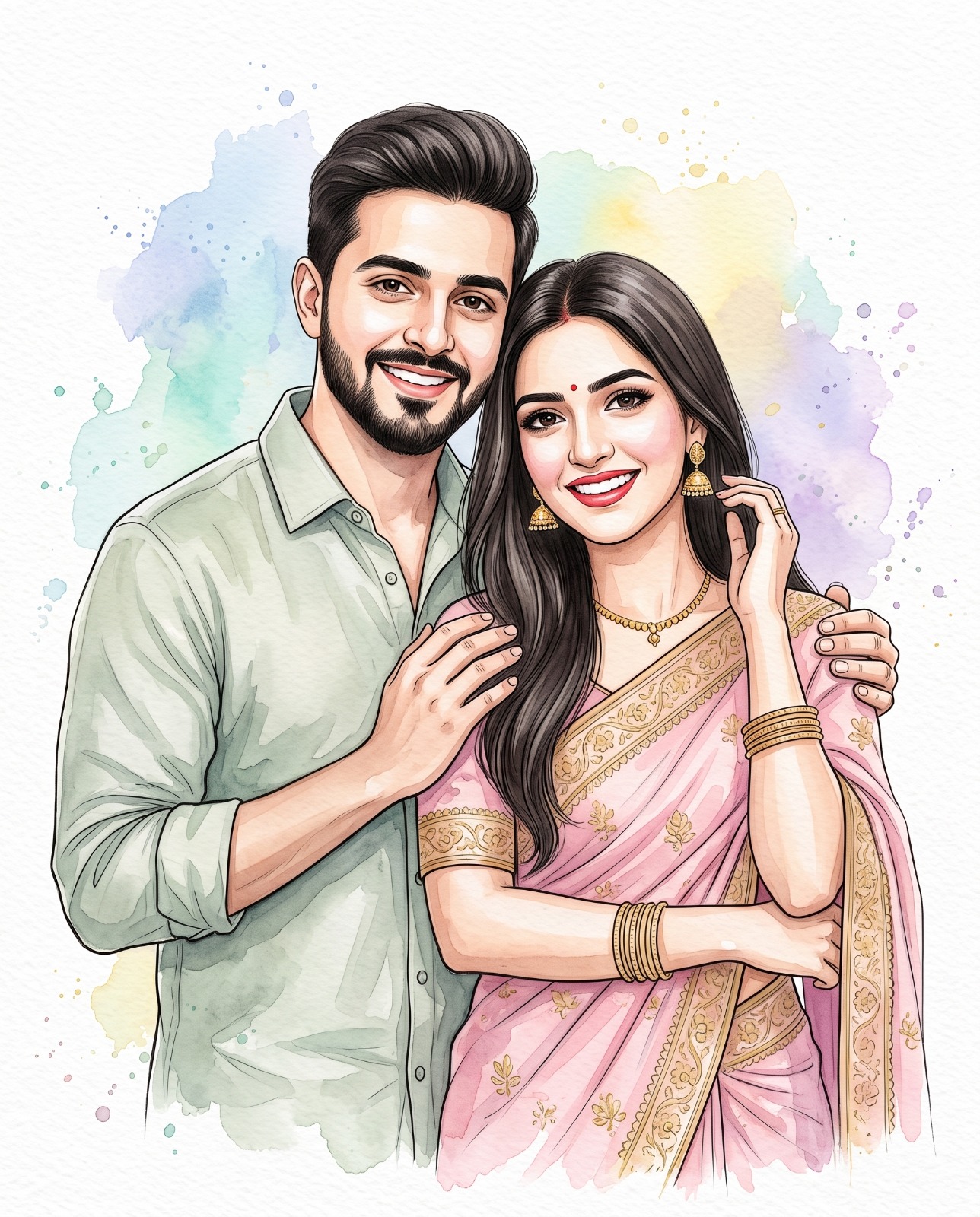 Romantic Desi Couple Illustration with Floral Splash Portrait
