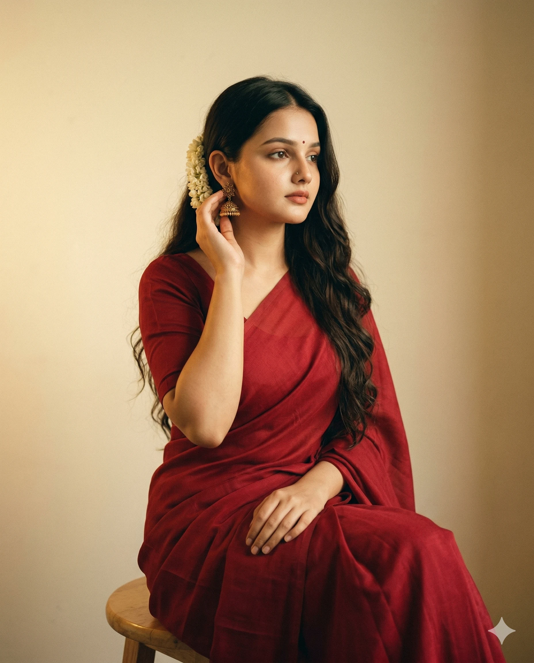 Crimson Red Saree Serenity Indian Woman Portrait
