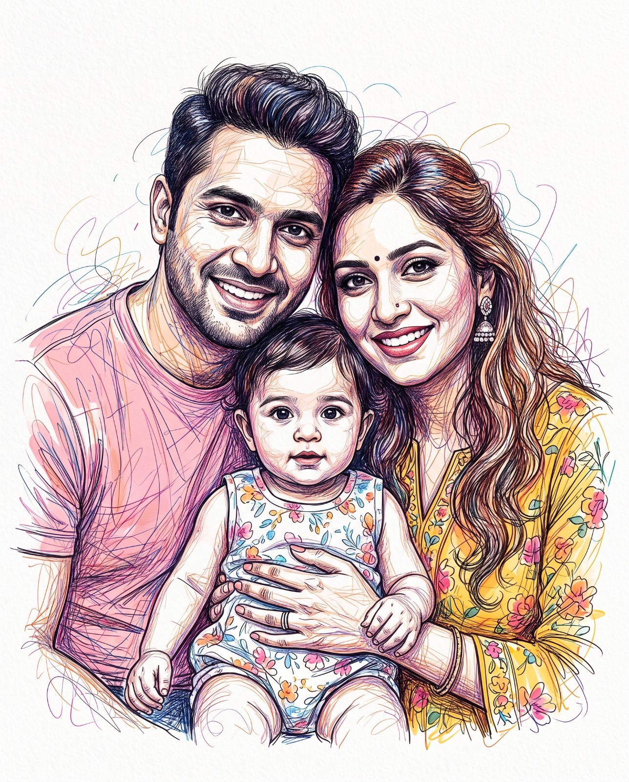 Colorful Line Art Joyful Family of Three Illustration