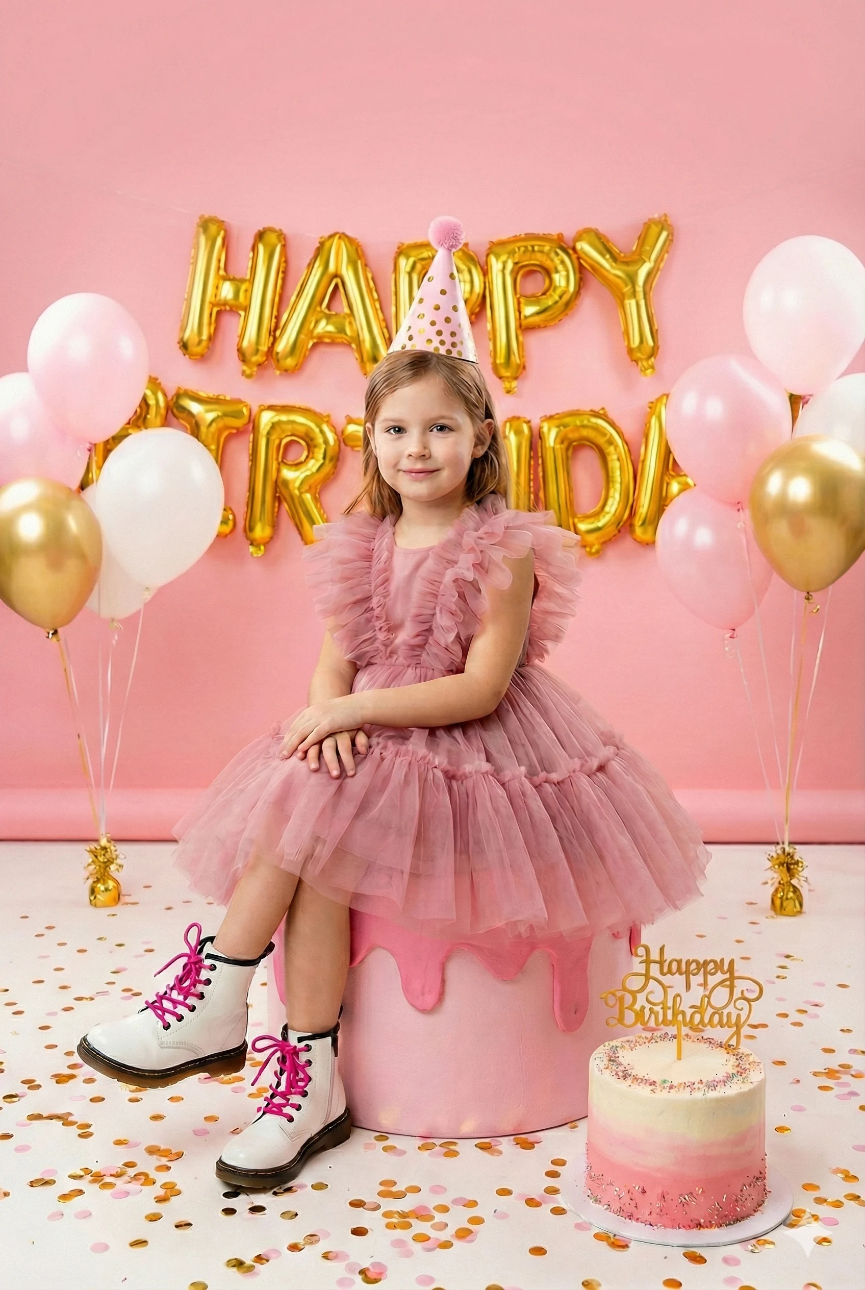 Studio Birthday Portrait Little Girl in Pink Dress