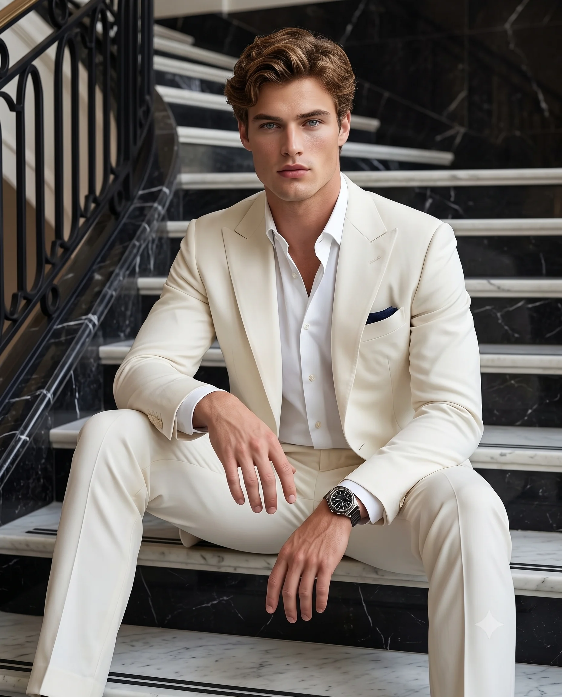 Luxury Men's Fashion: White Suit Styling Portrait
