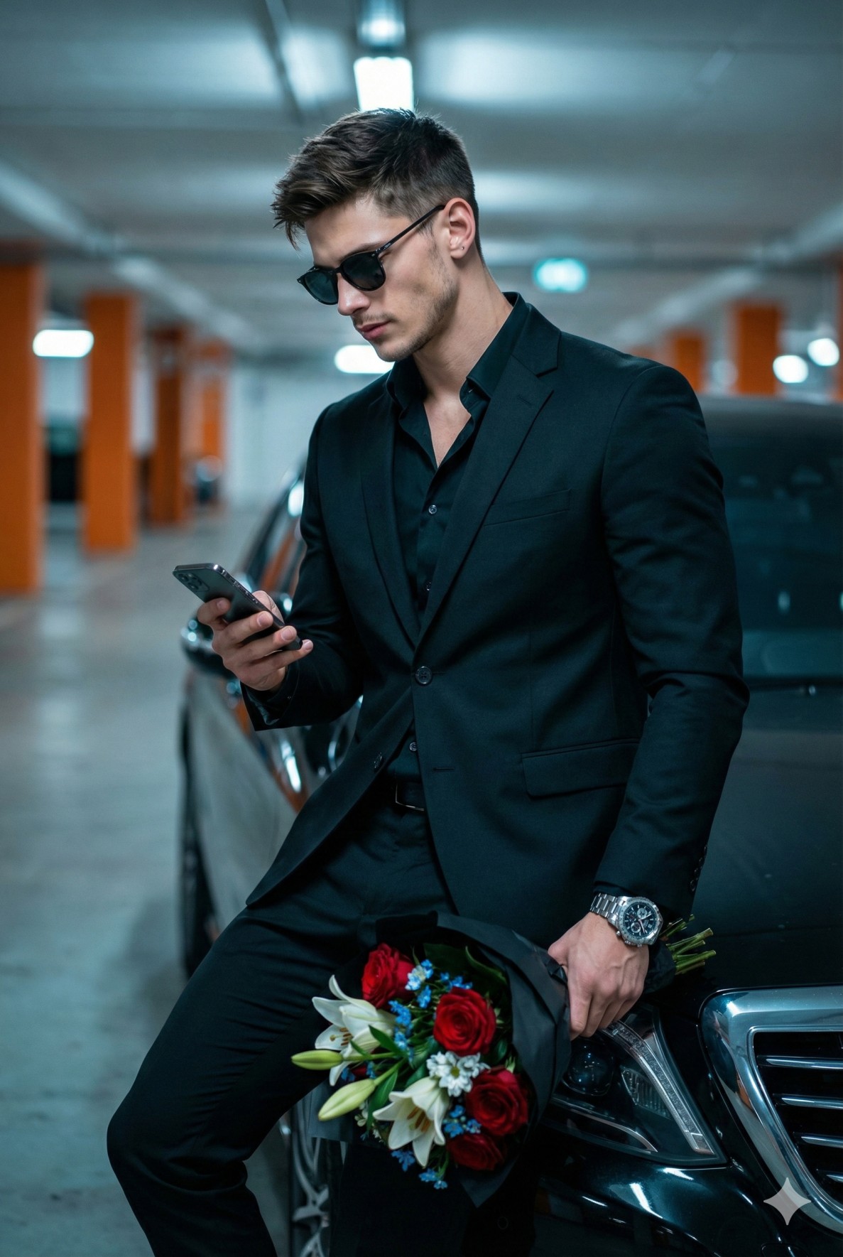 Dapper Man in Black Suit Waiting with Rose Bouquet
