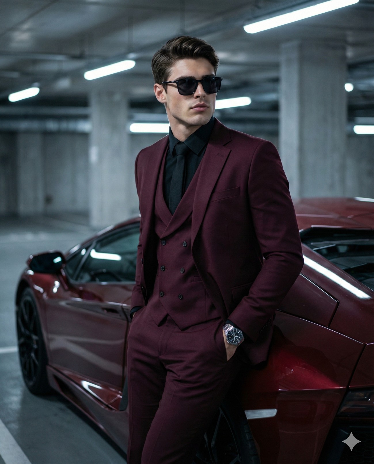 Velvet Authority Burgundy Suit and Luxury Supercar Portrait