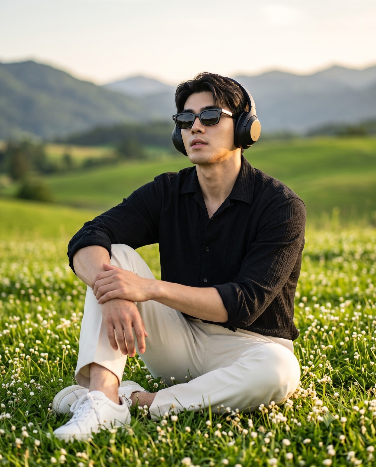 Peaceful Moment with Music in a Hilly Landscape Portrait