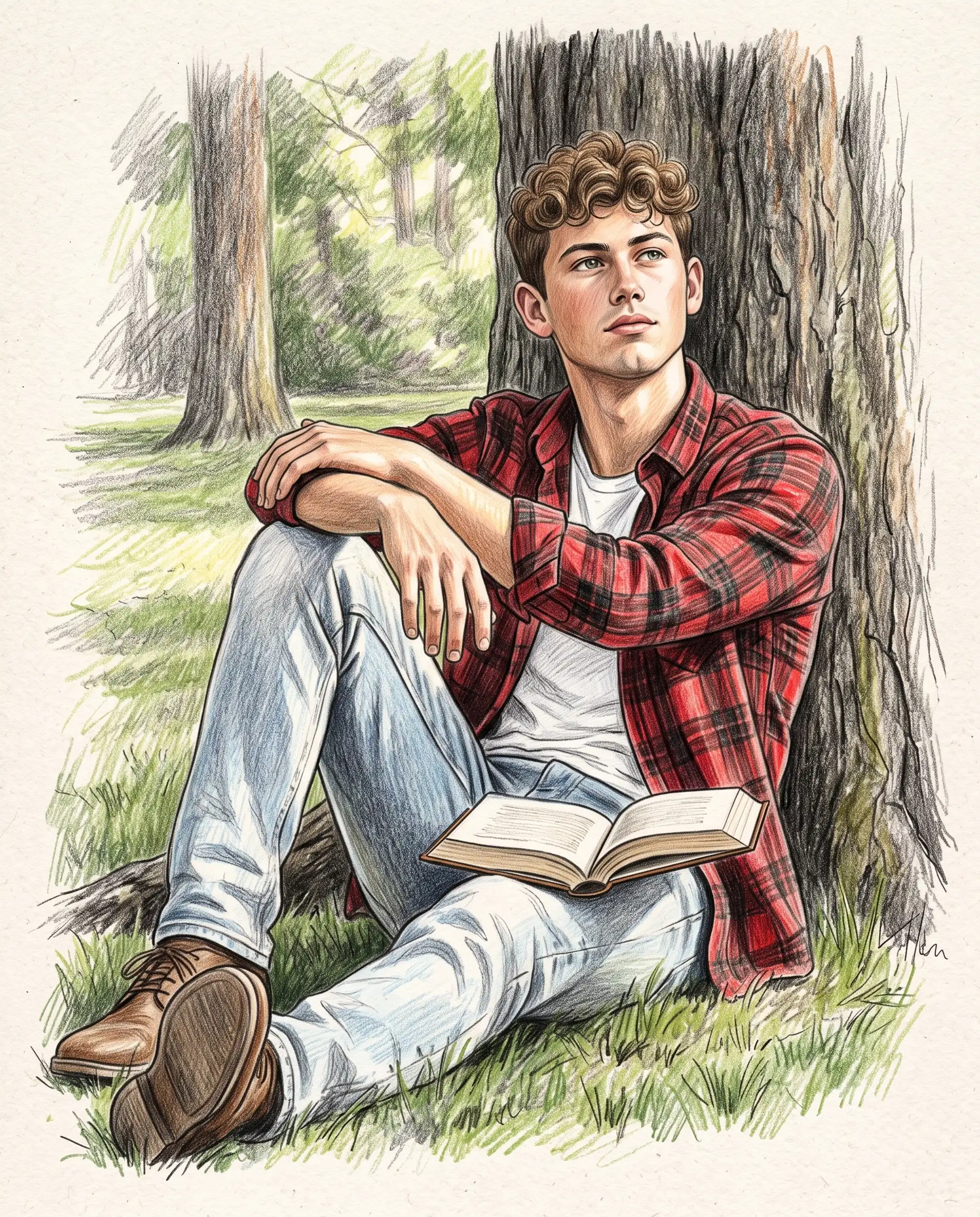 Colored Pencil Sketch Young Man Reading Book