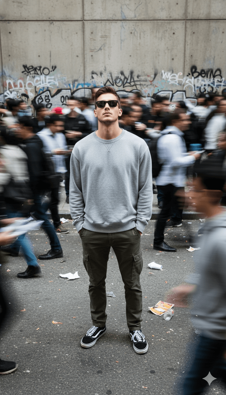 Stoic Man Standing Amidst Chaotic Scene Portrait