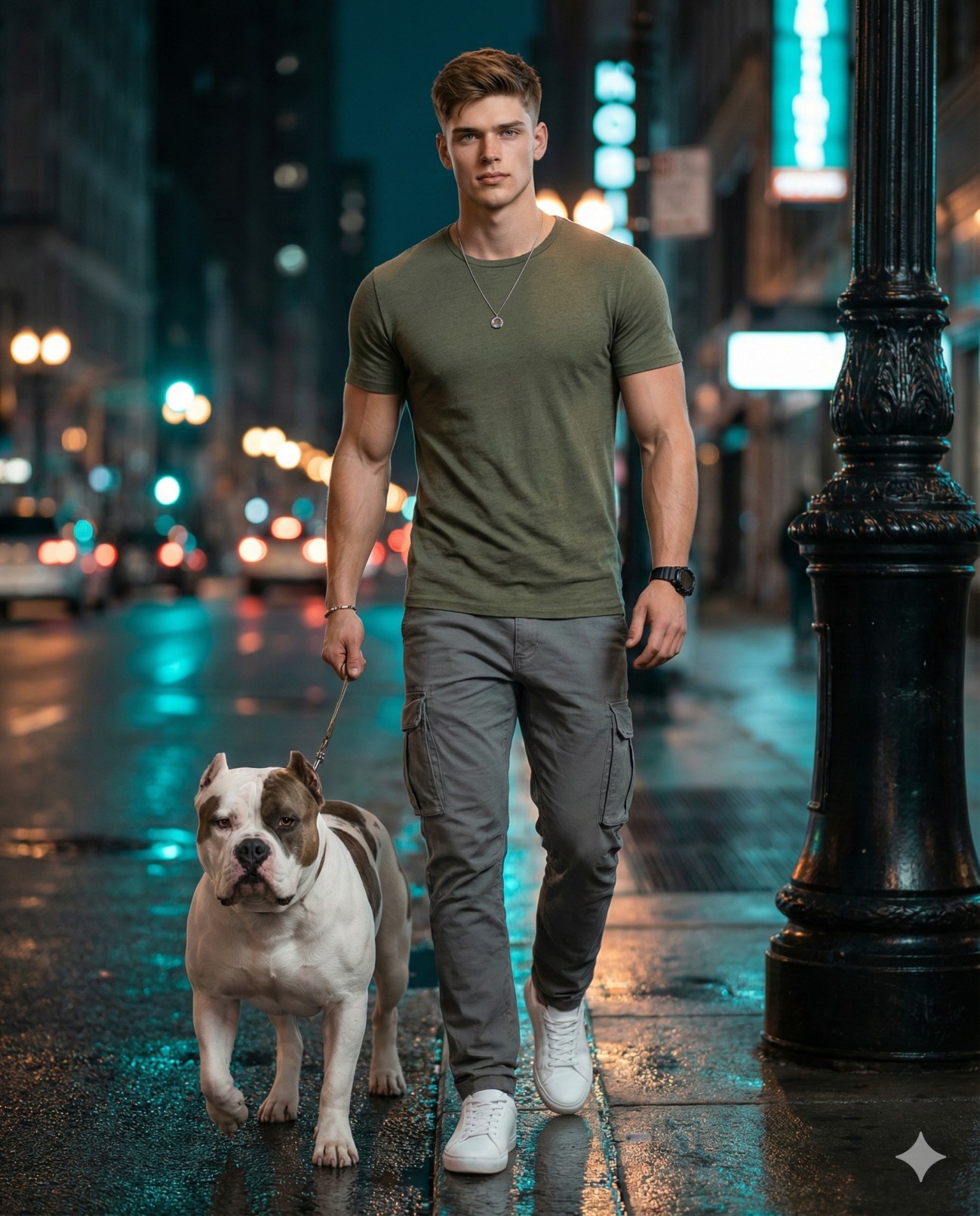 Man Walking Dog City Night Power Walk Portrait