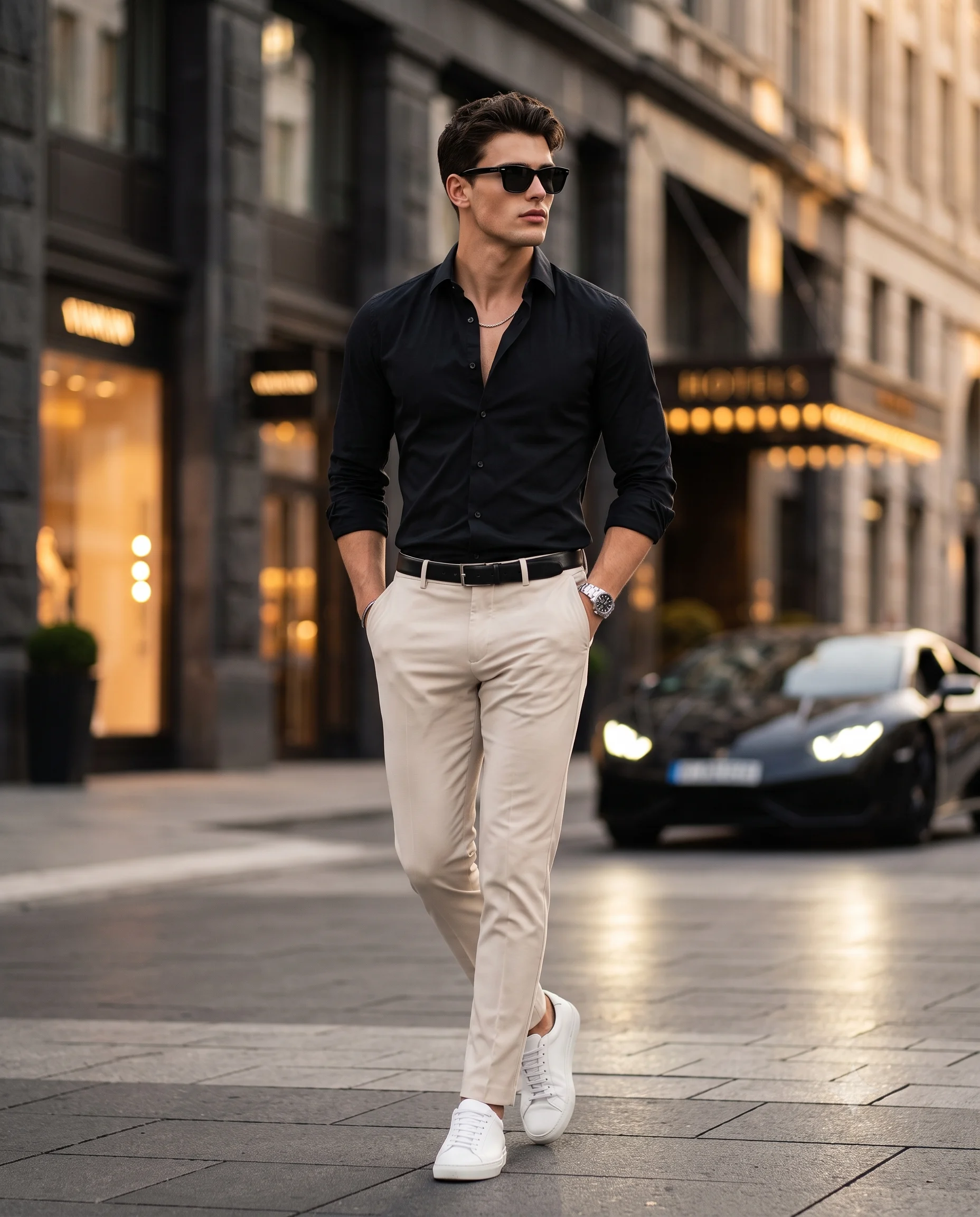 Stylish Man Walking in Luxury City Street Portrait