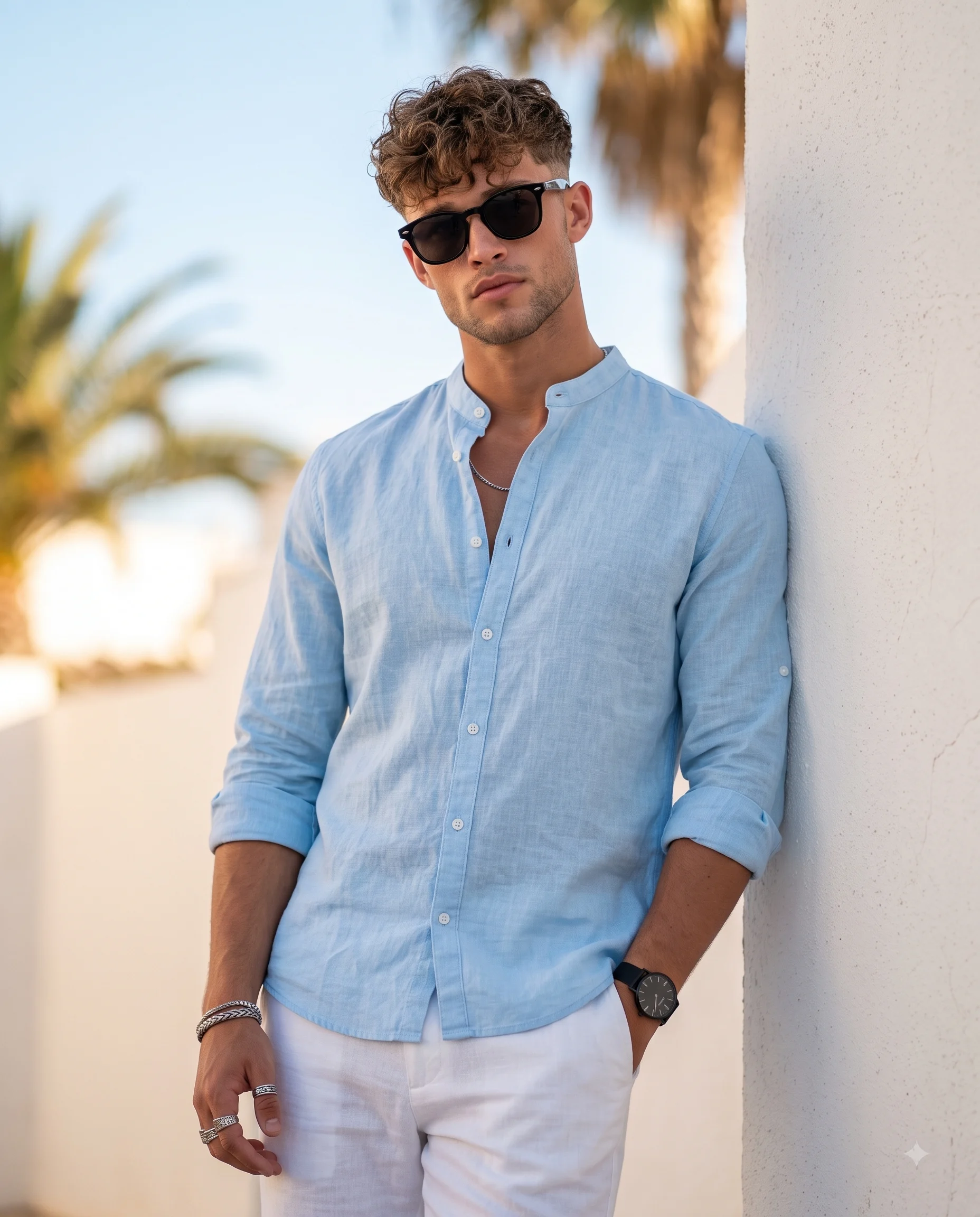 Man in Blue Linen Shirt, Summer Style Portrait