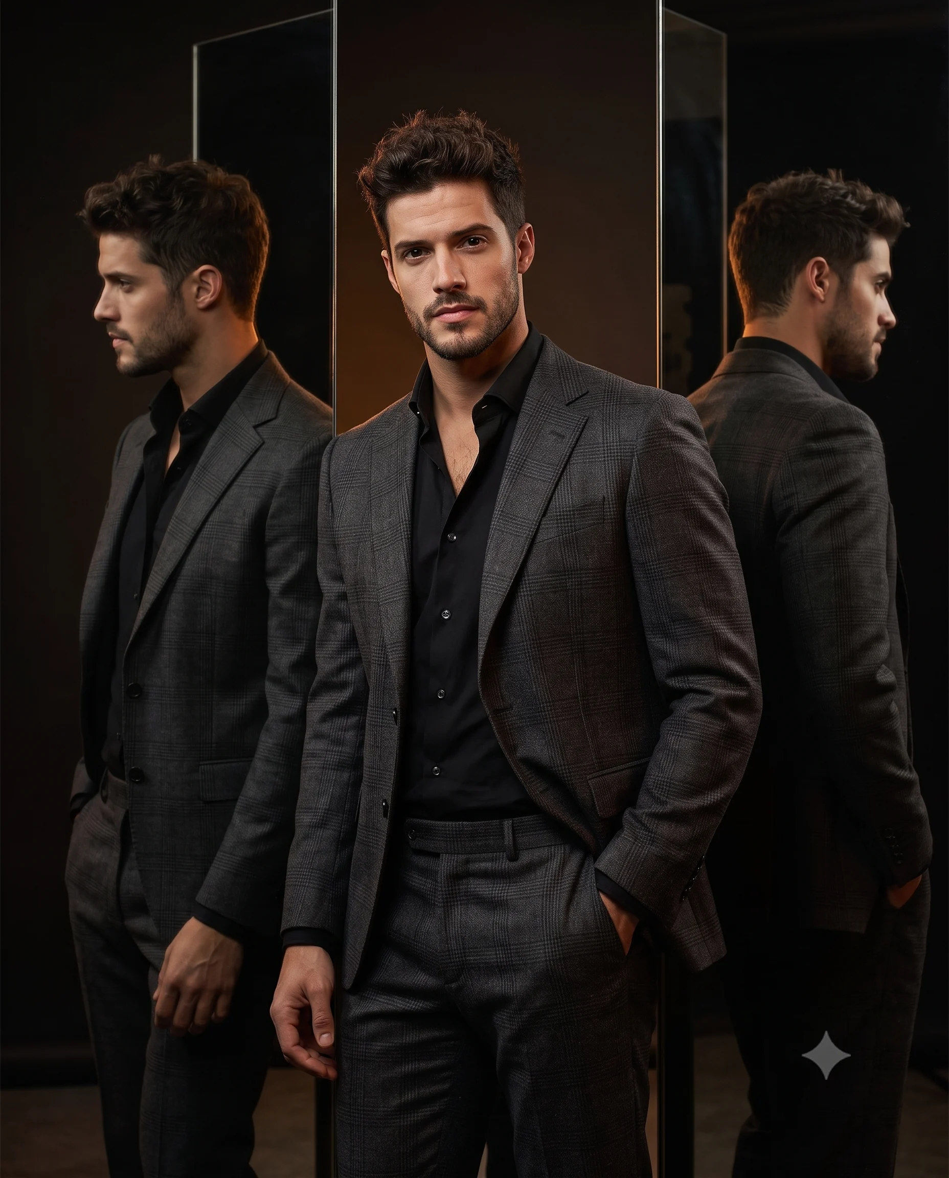 Man in Grey Plaid Suit Reflection Portrait