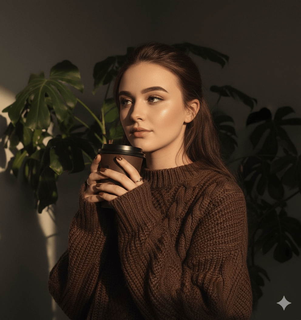 Pensive Morning Coffee Woman Aesthetic Portrait