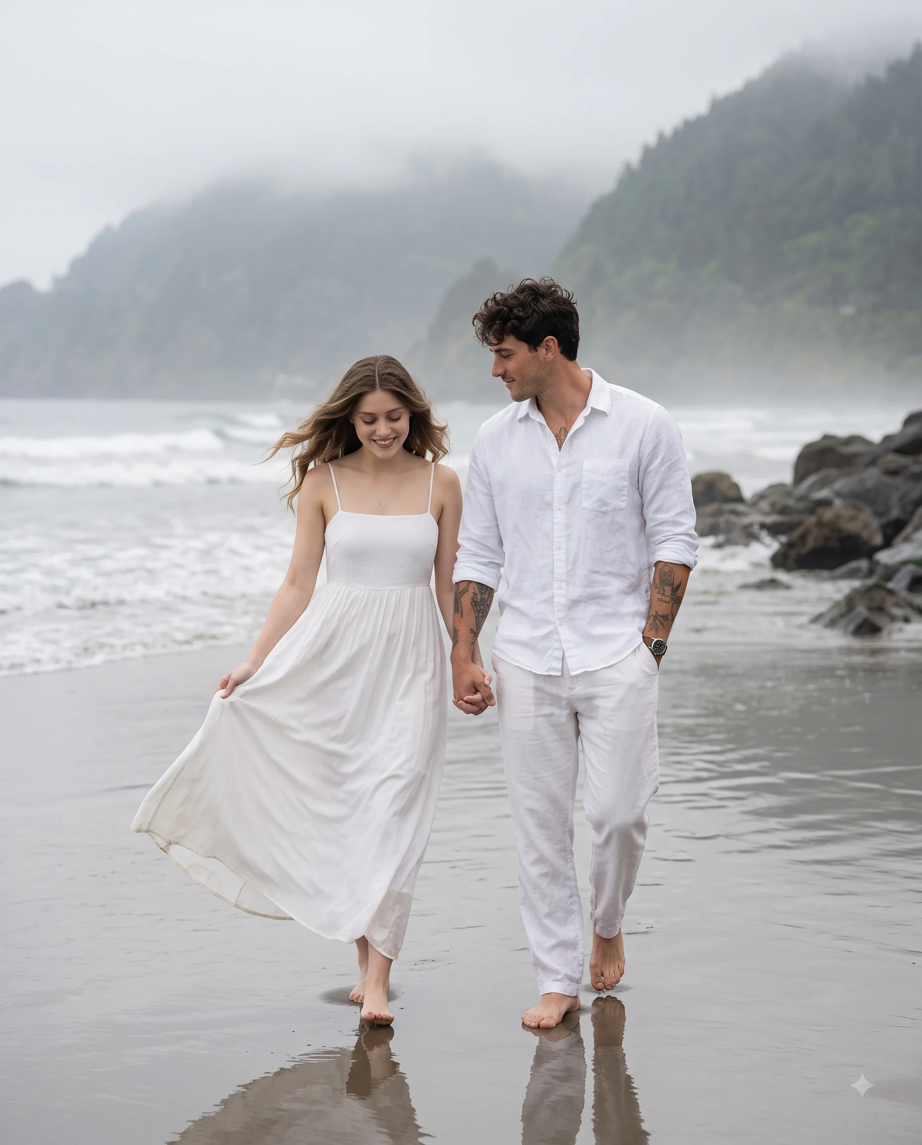 Romantic Couple Walking on Beach Portrait