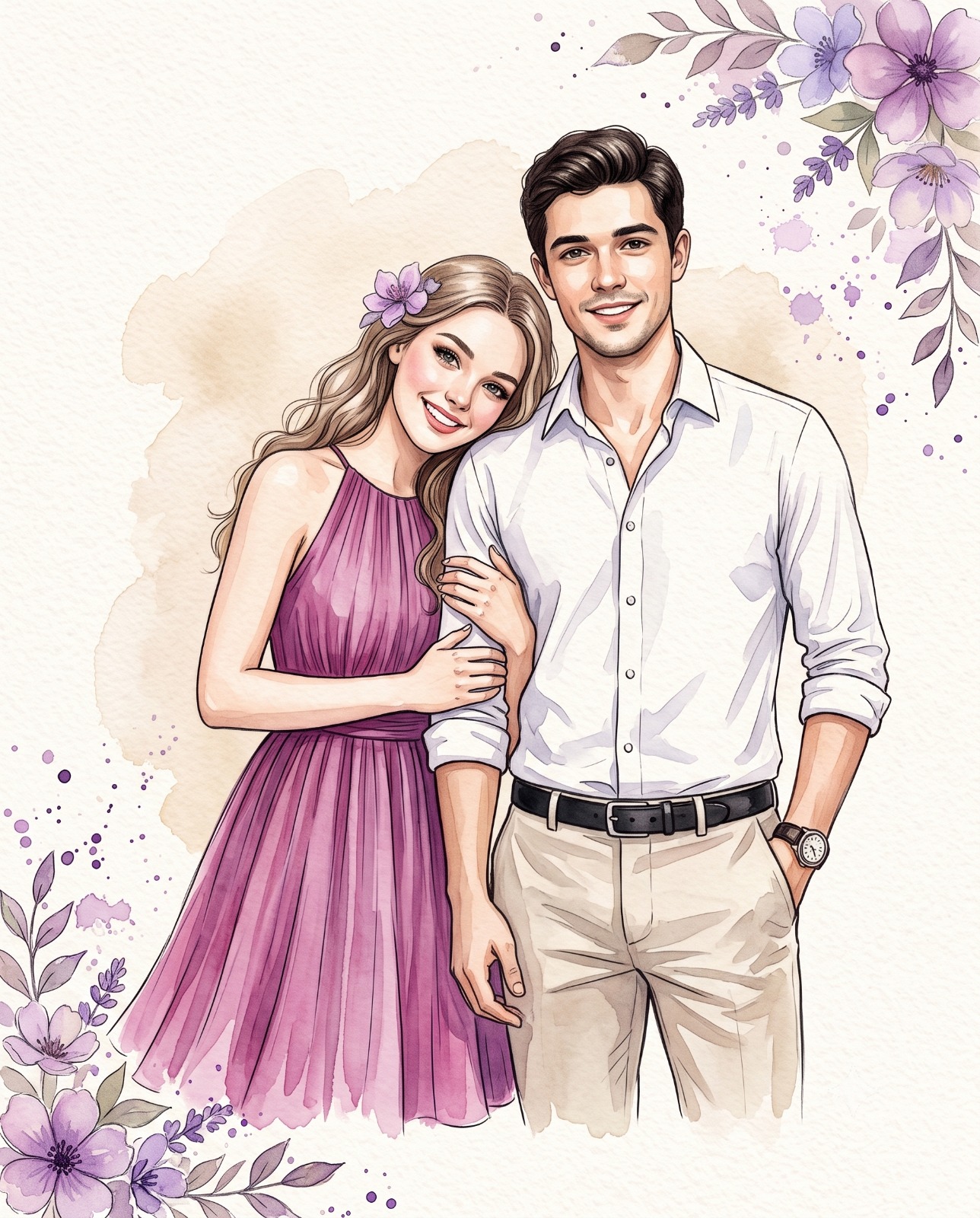 Watercolor Portrait of a Happy Couple Portrait