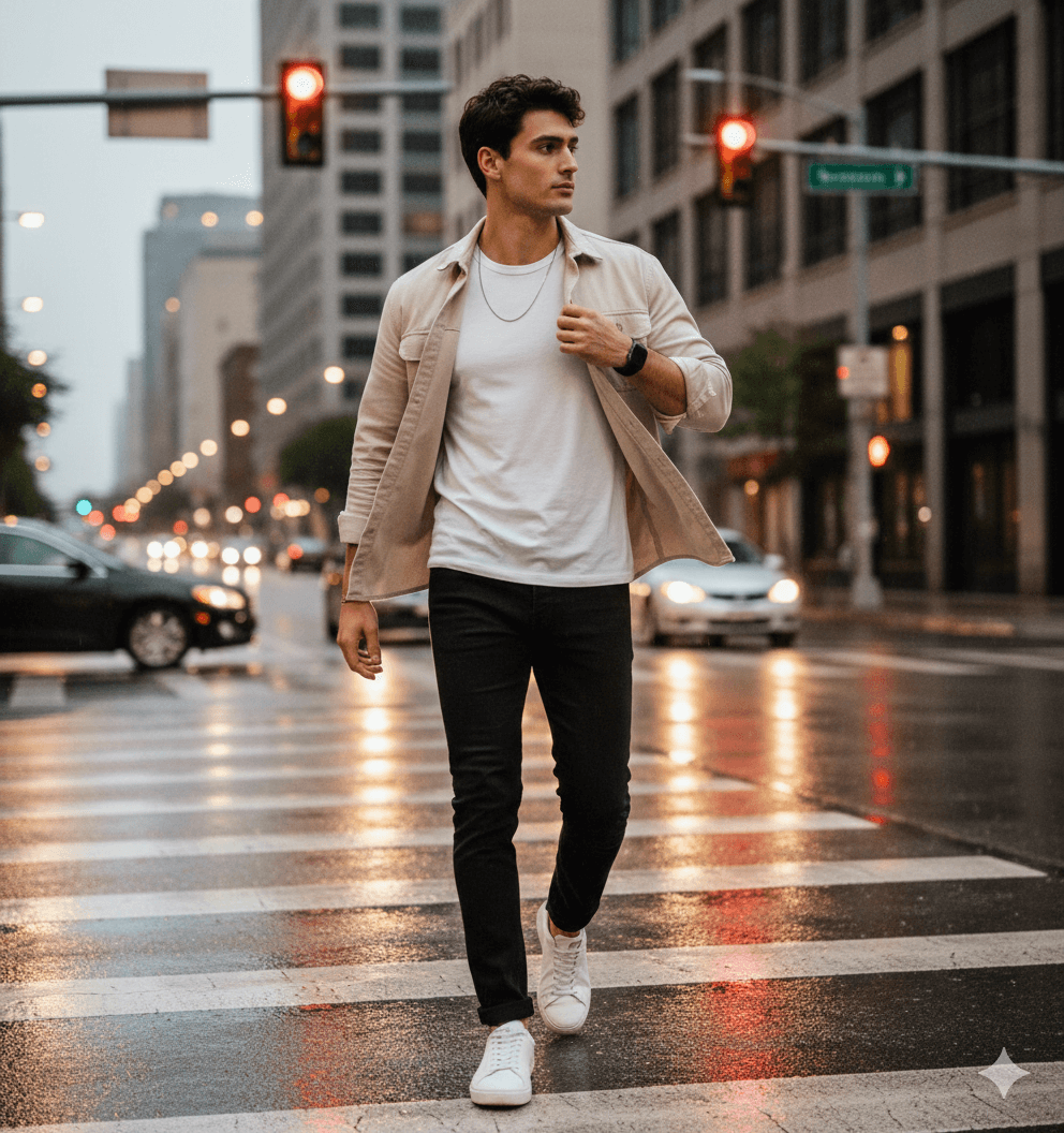 Stylish Man Walking Sunlit City Street Portrait