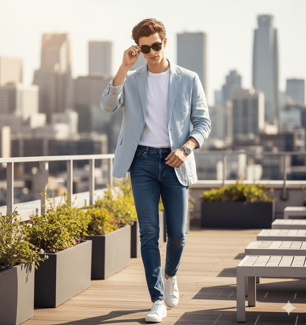 Stylish Rooftop City Stride Portrait