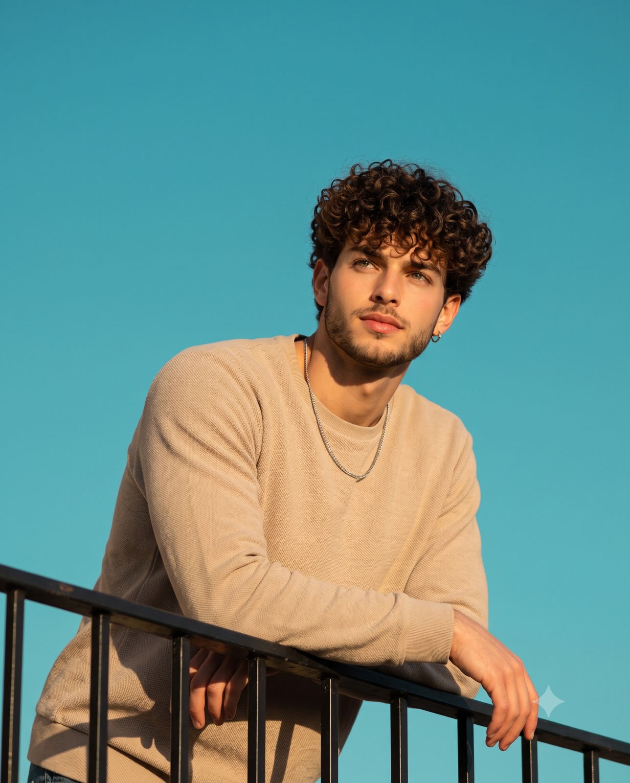 Sunlit Male Portrait on Railing Portrait