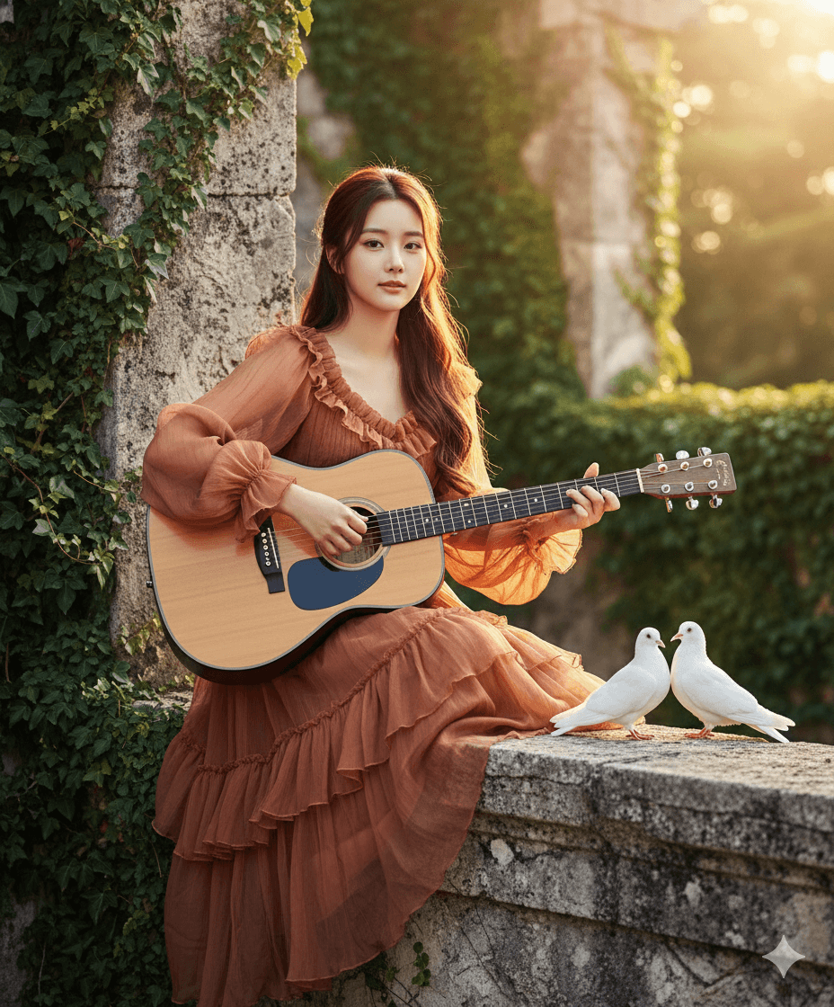 Musician on Stone Railing with Doves Portrait