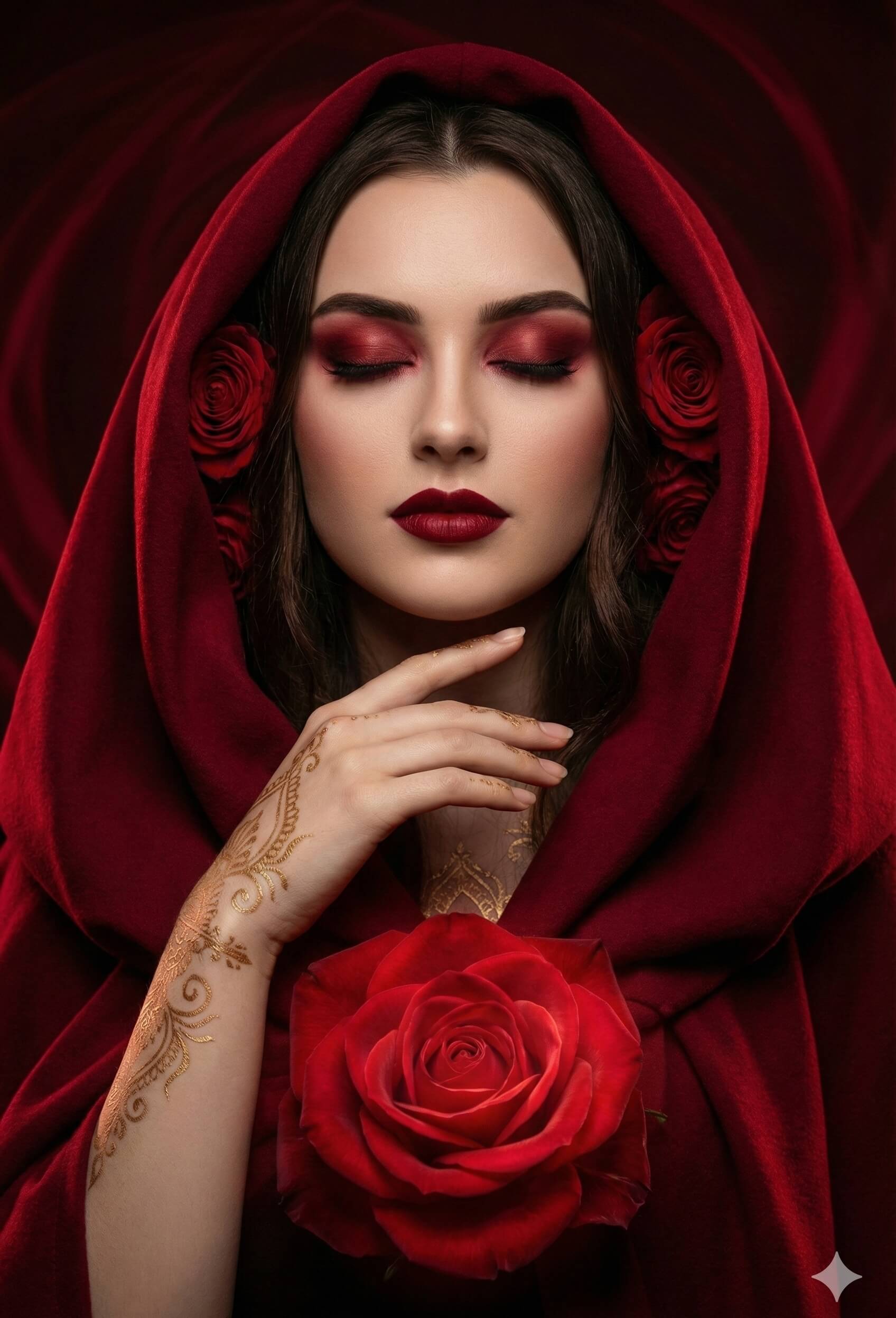 Crimson Hooded Cloak Mystical Woman Portrait