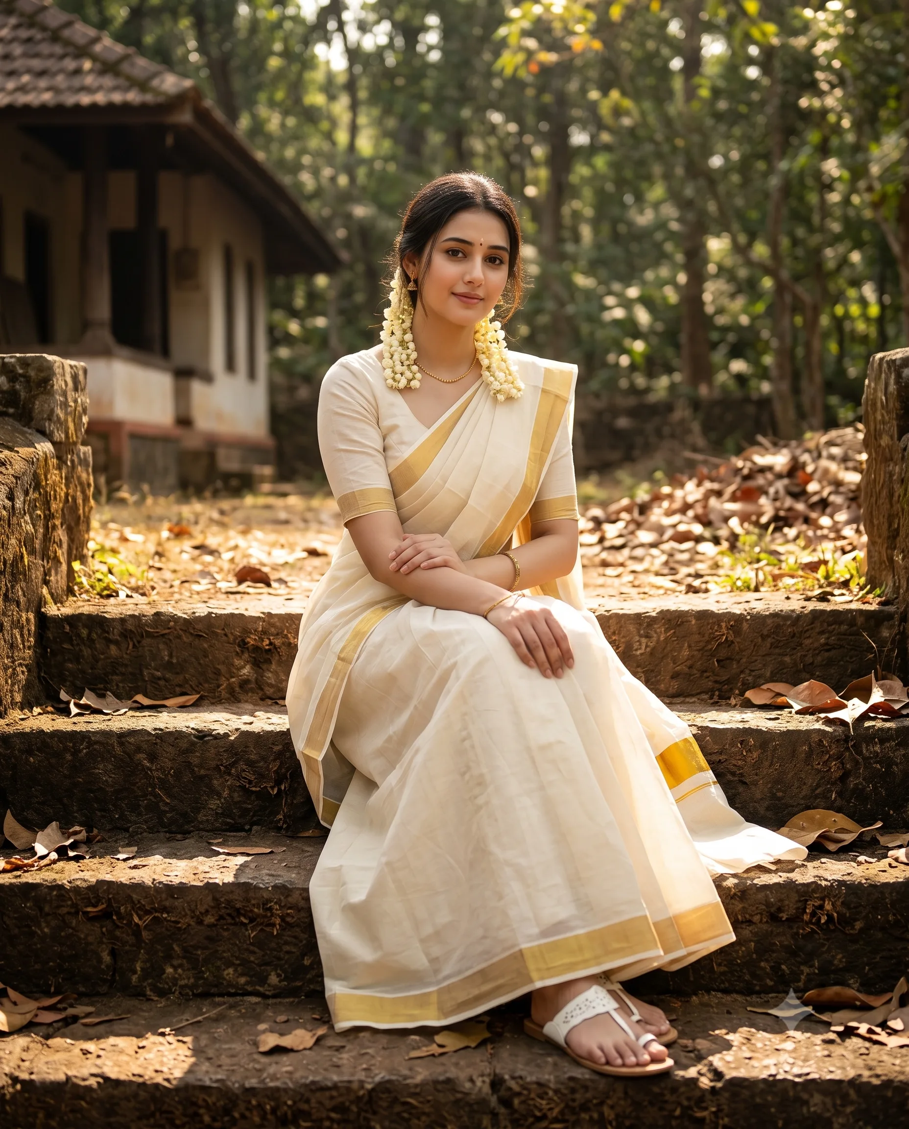 Traditional Kerala Kasavu Saree Woman Portrait