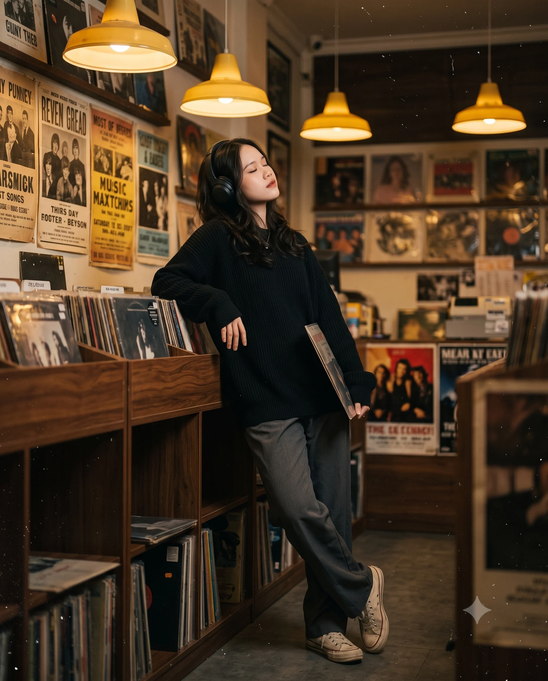 Cinematic Vintage Record Store Moody Portrait