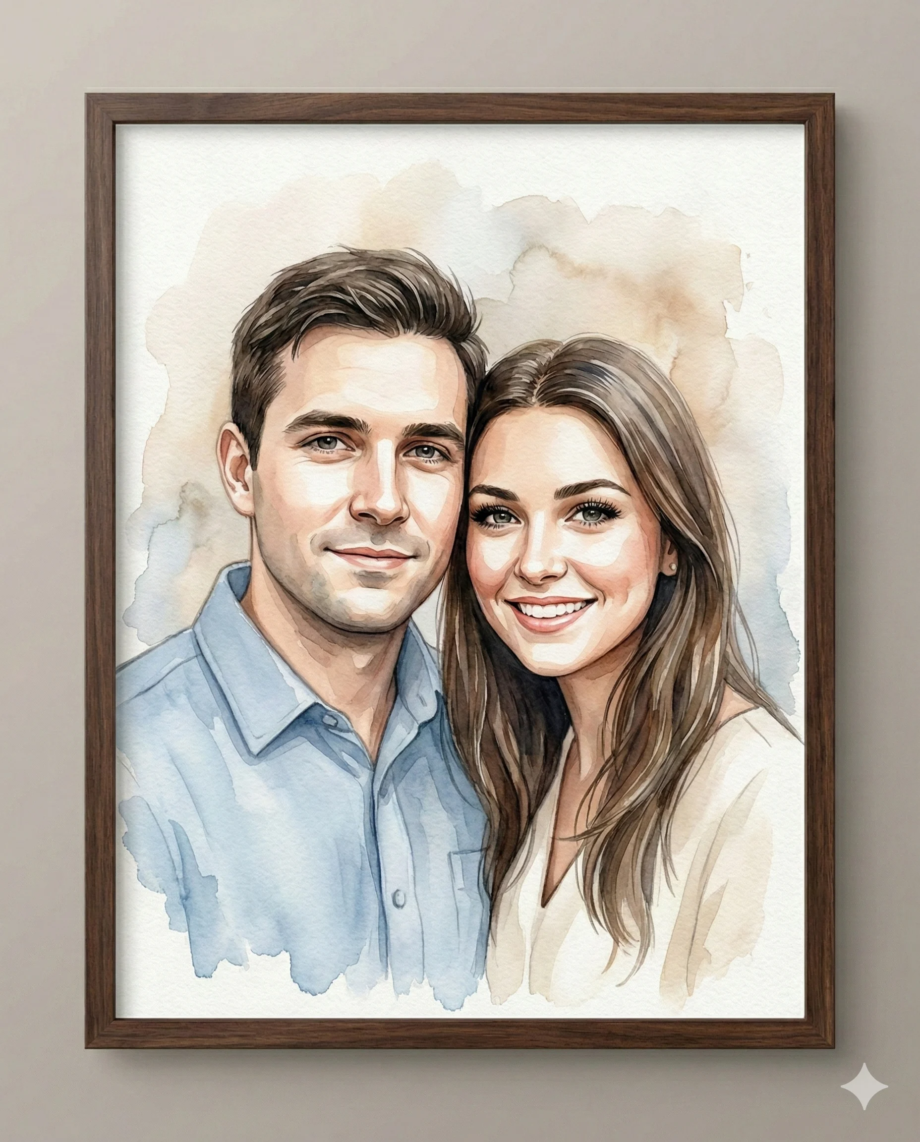 Romantic Watercolor Couple Portrait in Wood Frame