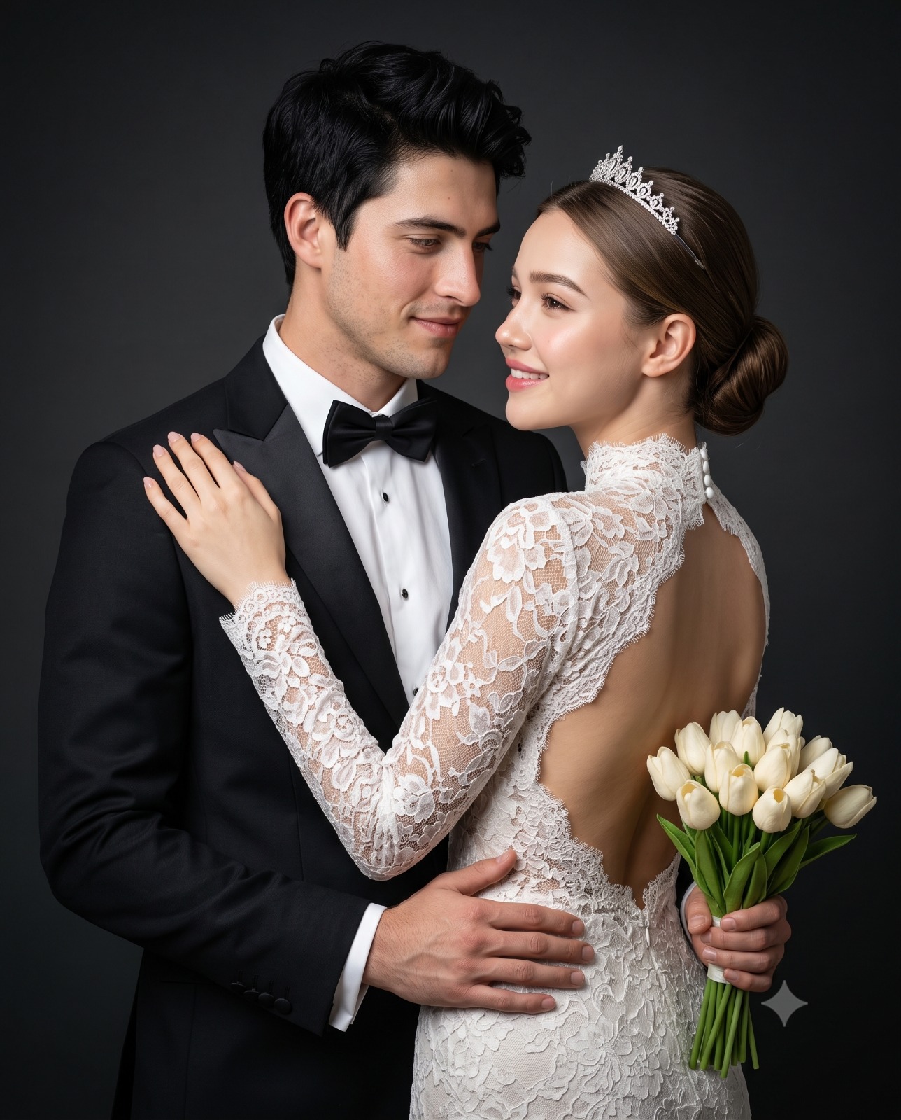 Timeless Wedding Attire Cinematic Studio Couple Portrait