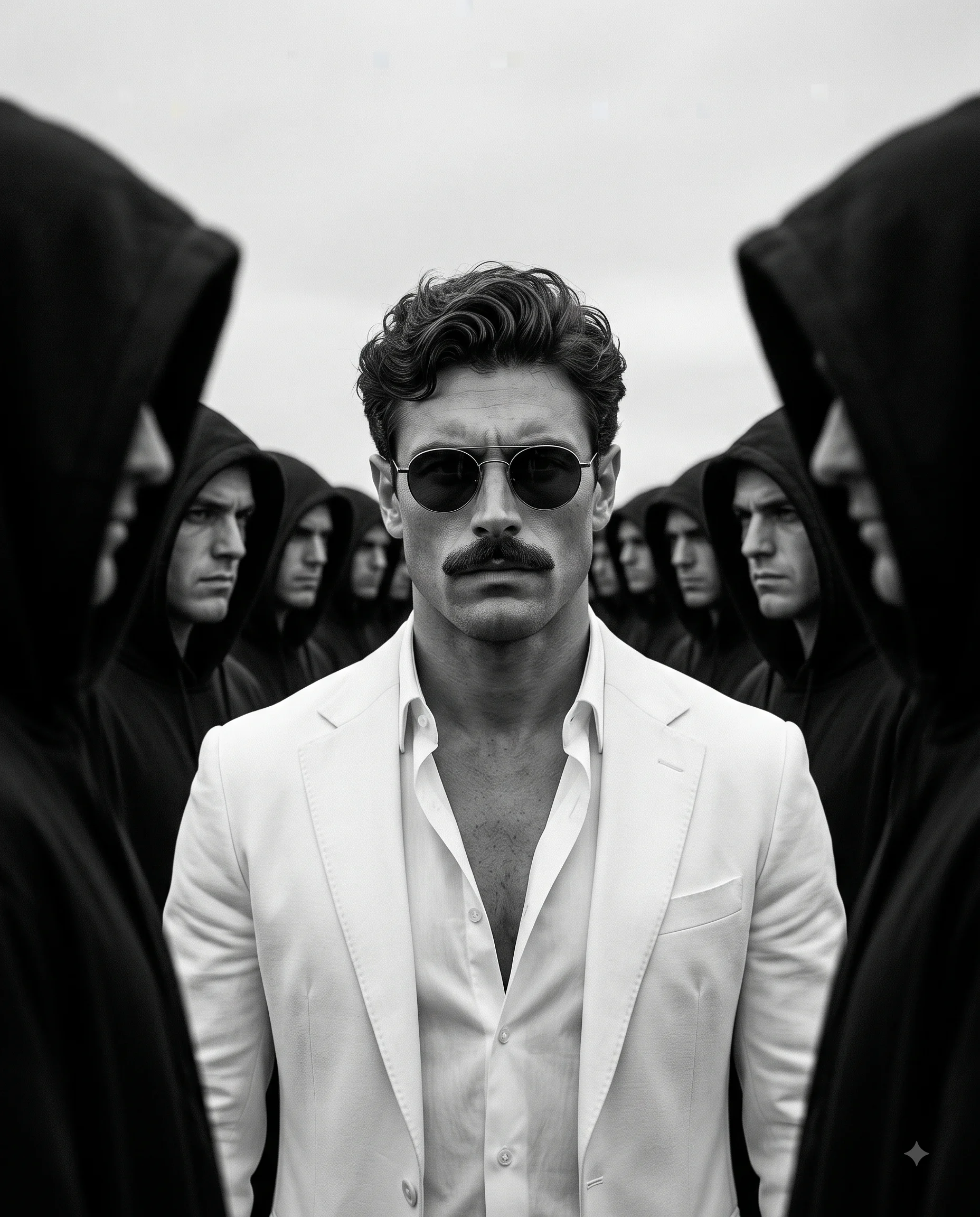 White Suit Man in Hooded Crowd Portrait