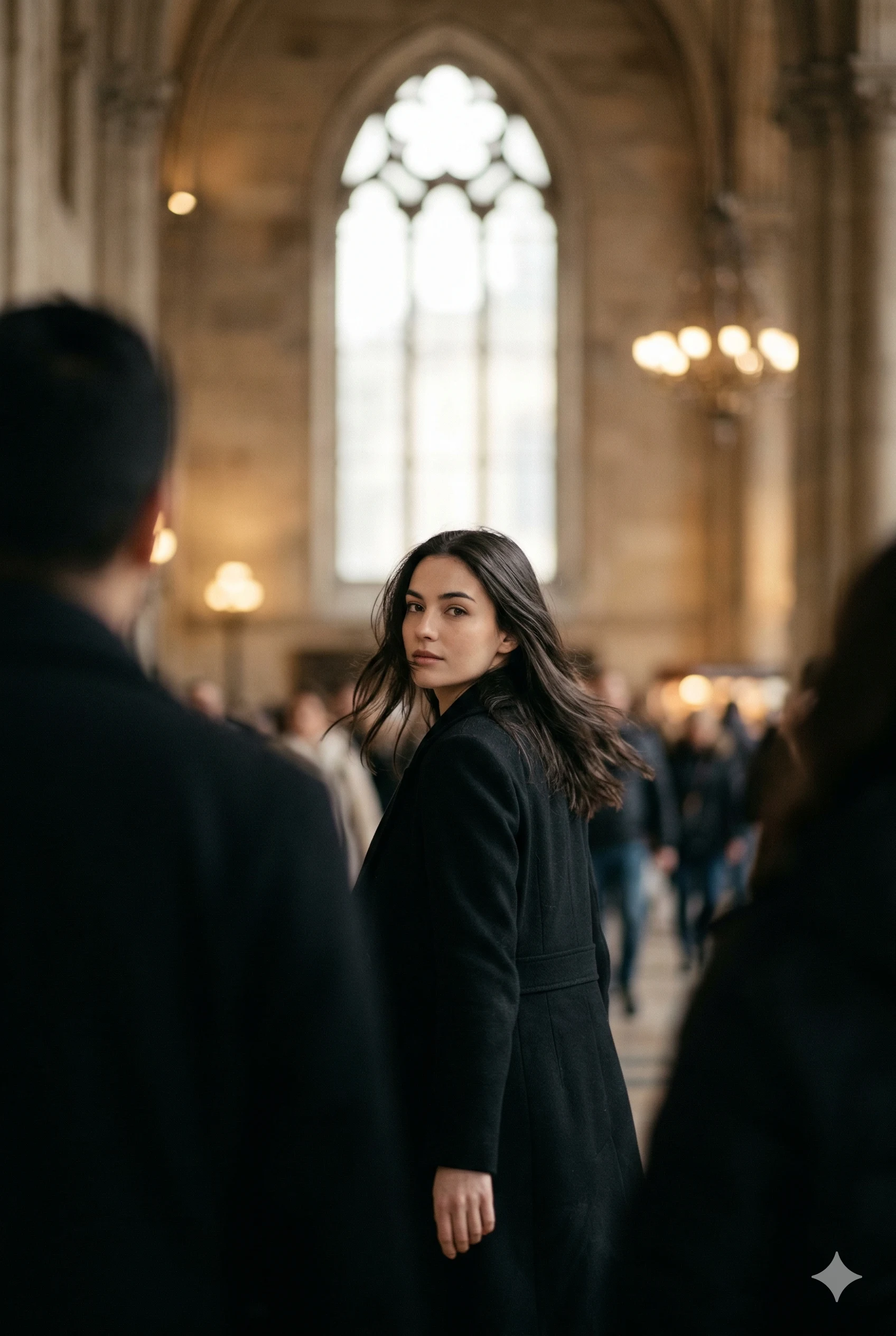 Black Coat Woman Looking Back Cinematic Hall Portrait