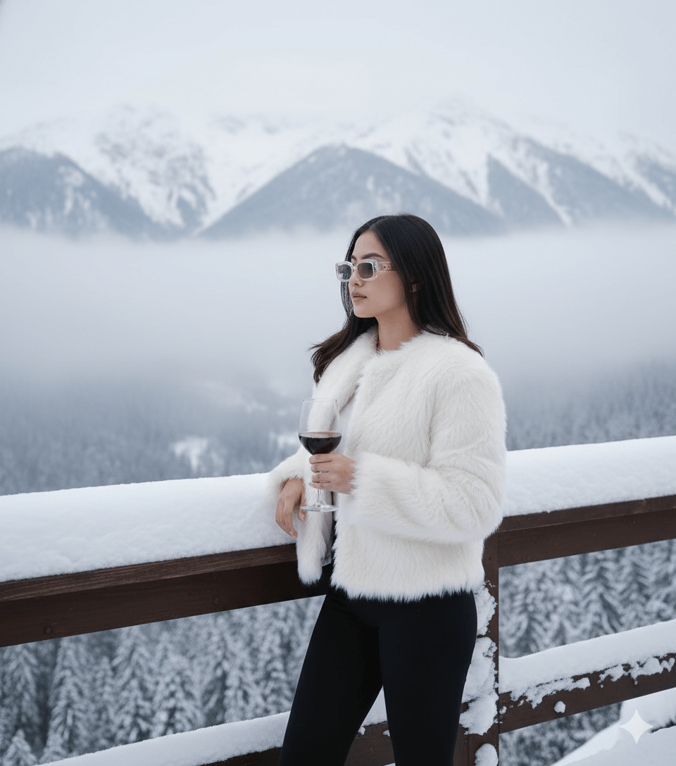 Woman Enjoys Snowy View Portrait